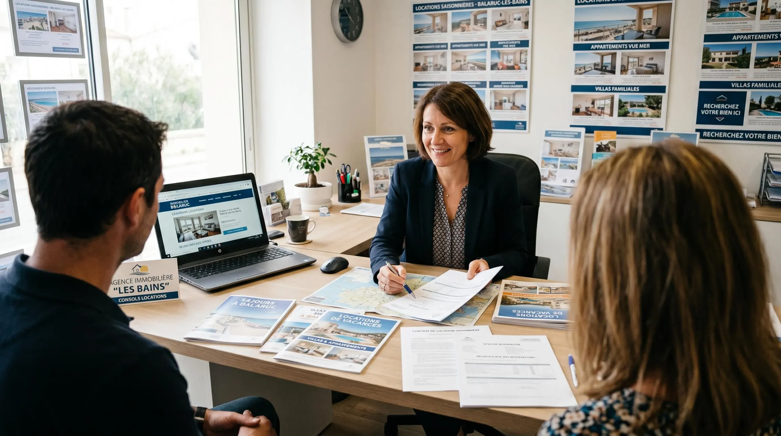 Conseillère immobilière dans une agence à Balaruc-les-Bains présentant des documents de location saisonnière à un couple de clients, bureau contemporain avec écran et brochures