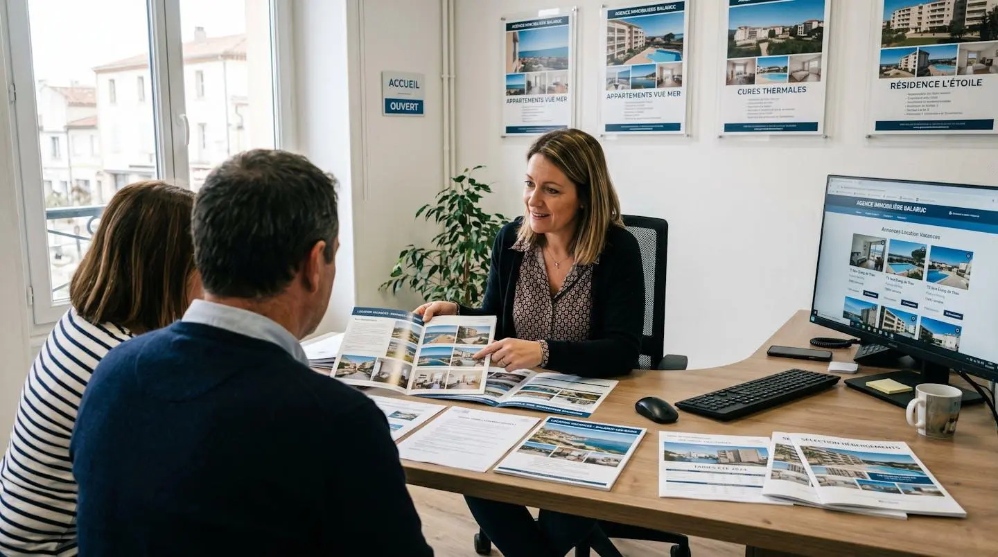 Conseillère immobilière dans une agence à Balaruc-les-Bains présentant des documents de location saisonnière à un couple de clients, bureau contemporain avec écran et brochures
