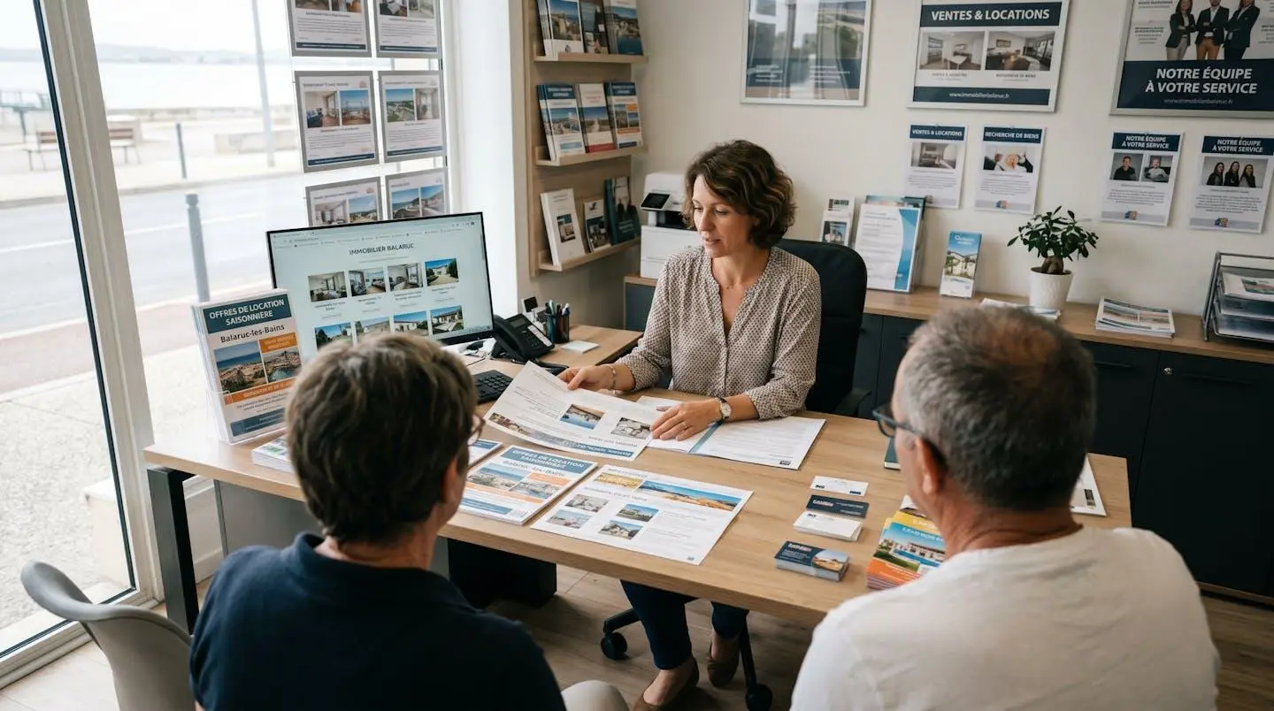 Conseillère immobilière dans une agence à Balaruc-les-Bains présentant des documents de location saisonnière à un couple de clients, bureau contemporain avec écran et brochures