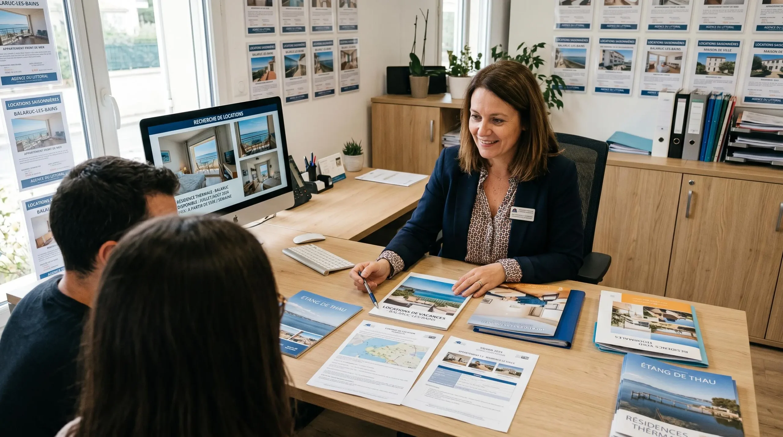 Conseillère immobilière dans une agence à Balaruc-les-Bains présentant des documents de location saisonnière à un couple de clients, bureau contemporain avec écran et brochures