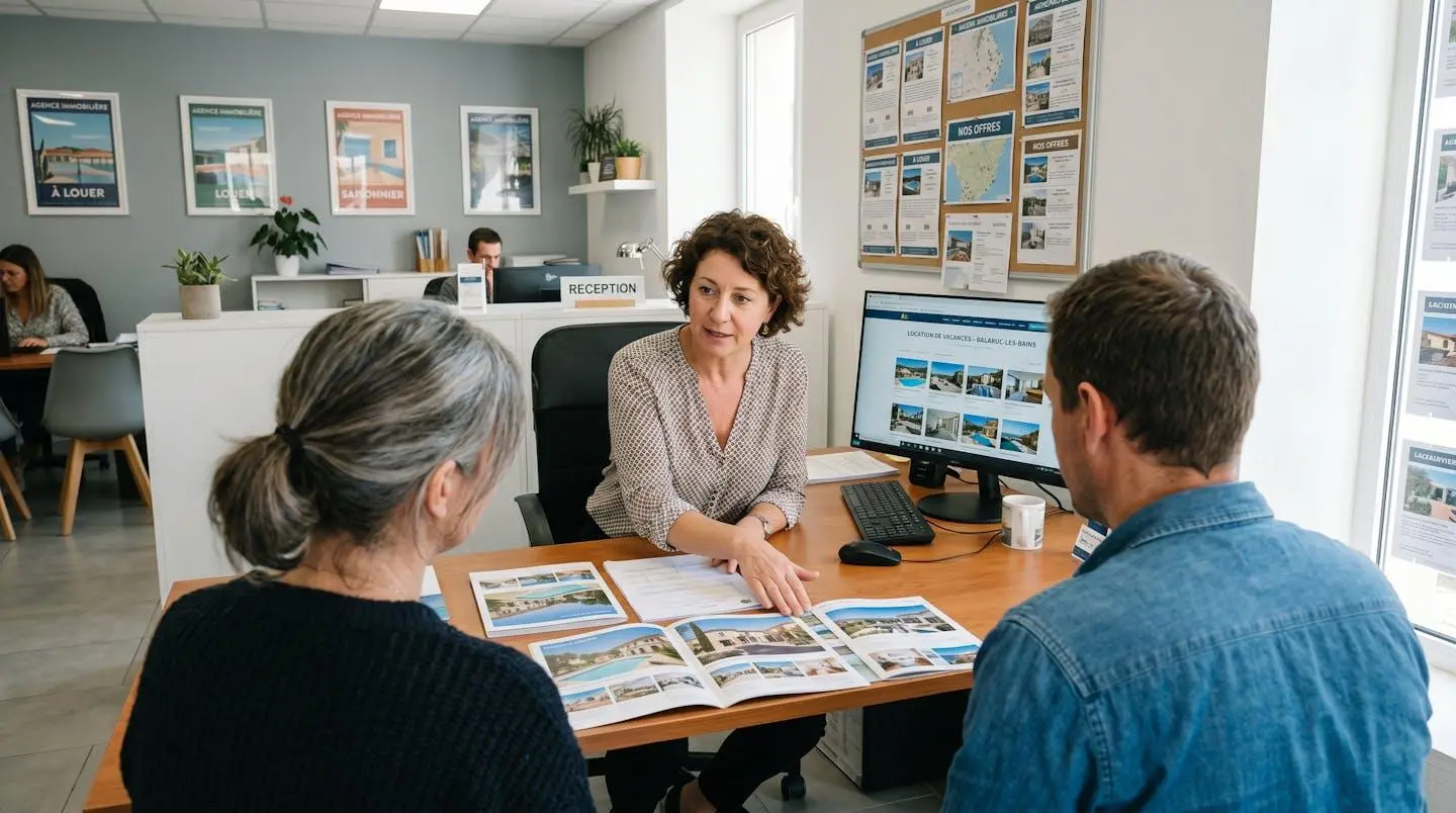 Conseillère immobilière dans une agence à Balaruc-les-Bains présentant des documents de location saisonnière à un couple de clients, bureau contemporain avec écran et brochures