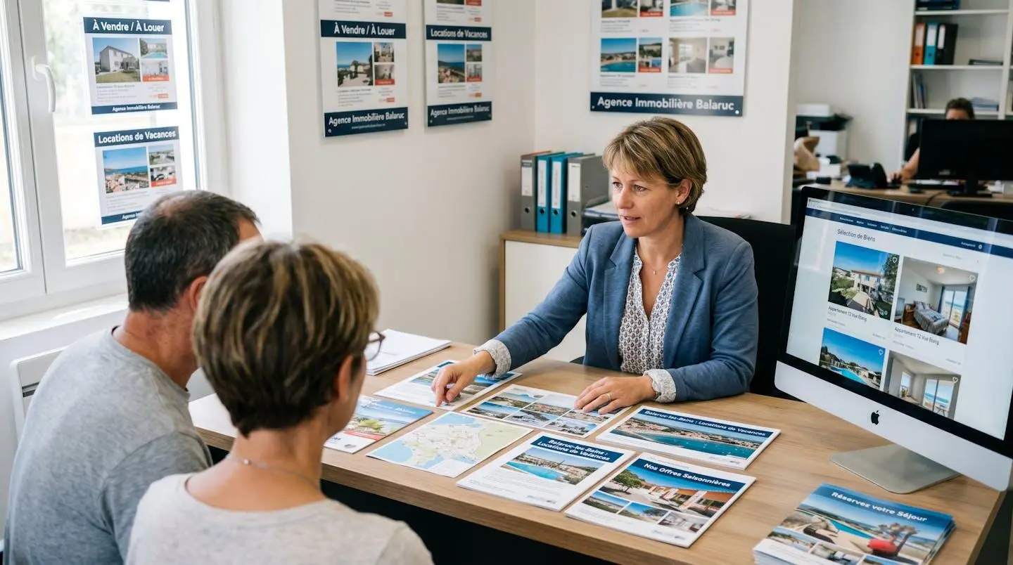 Conseillère immobilière dans une agence à Balaruc-les-Bains présentant des documents de location saisonnière à un couple de clients, bureau contemporain avec écran et brochures