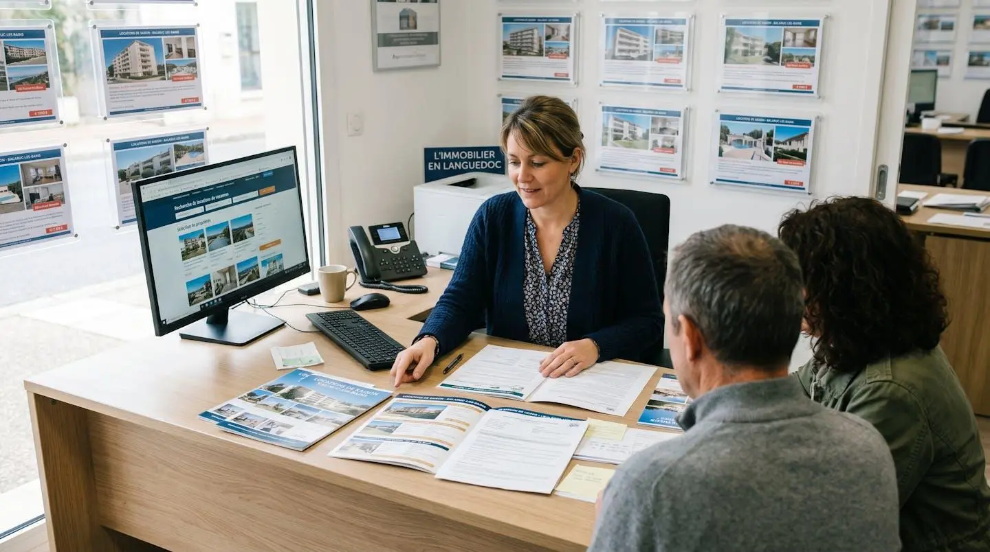 Conseillère immobilière dans une agence à Balaruc-les-Bains présentant des documents de location saisonnière à un couple de clients, bureau contemporain avec écran et brochures