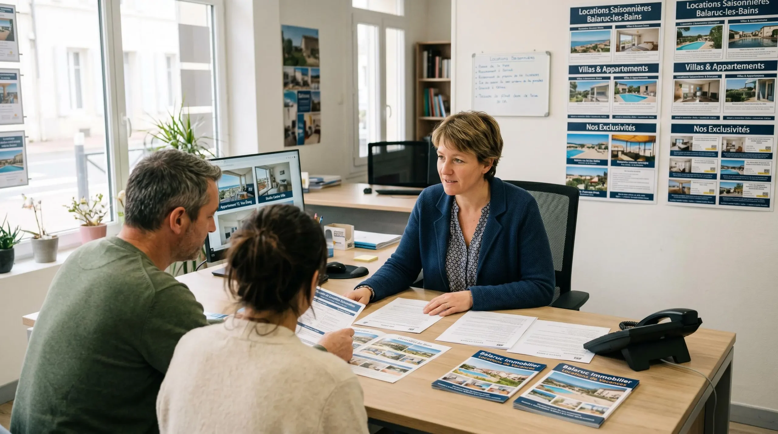 Conseillère immobilière dans une agence à Balaruc-les-Bains présentant des documents de location saisonnière à un couple de clients, bureau contemporain avec écran et brochures