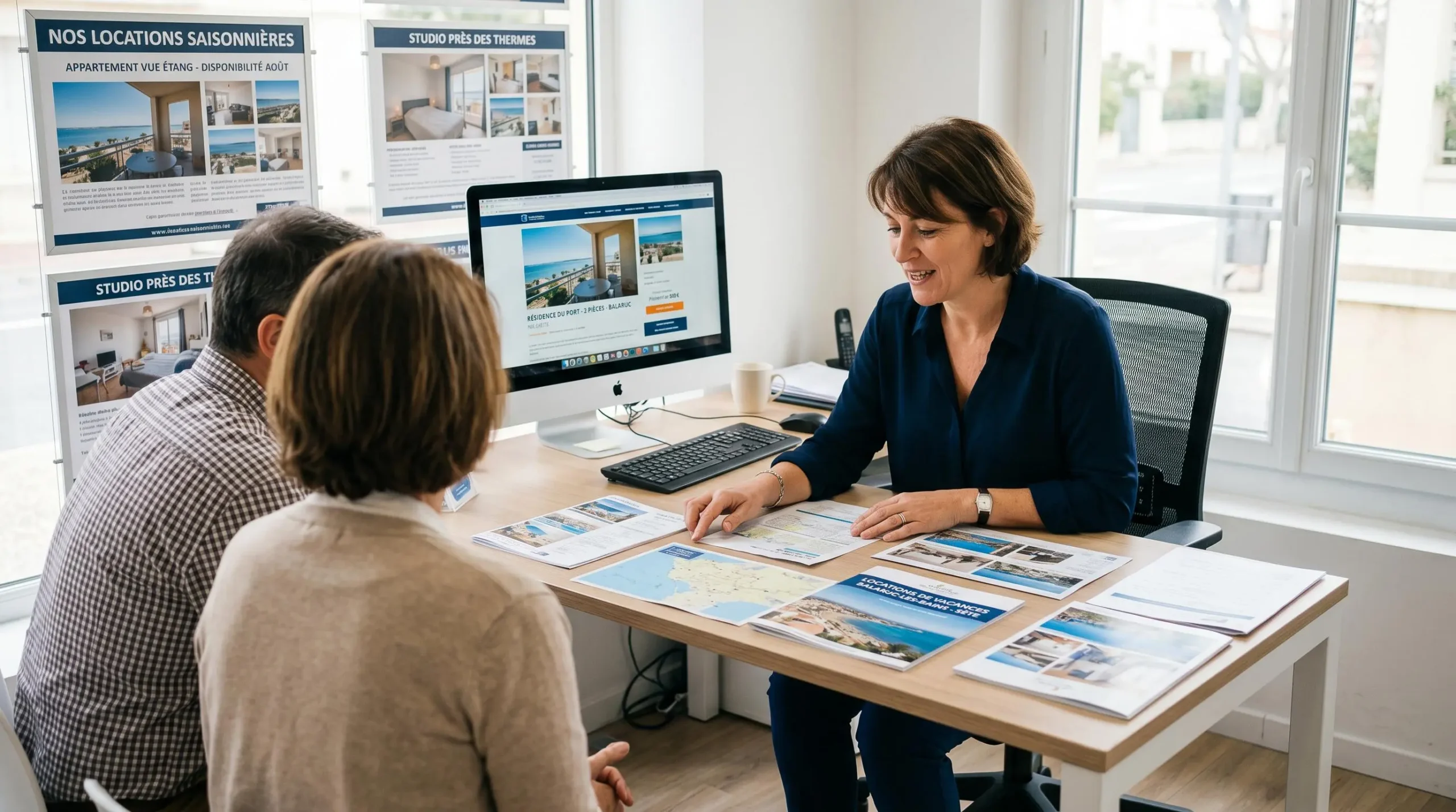 Conseillère immobilière dans une agence à Balaruc-les-Bains présentant des documents de location saisonnière à un couple de clients, bureau contemporain avec écran et brochures