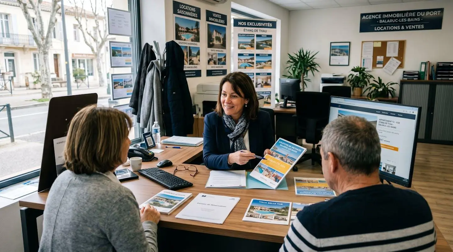 Conseillère immobilière dans une agence à Balaruc-les-Bains présentant des documents de location saisonnière à un couple de clients, bureau contemporain avec écran et brochures