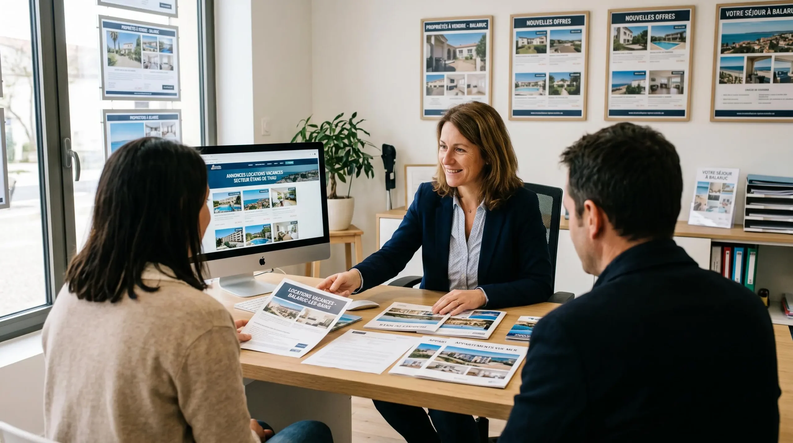 Conseillère immobilière dans une agence à Balaruc-les-Bains présentant des documents de location saisonnière à un couple de clients, bureau contemporain avec écran et brochures