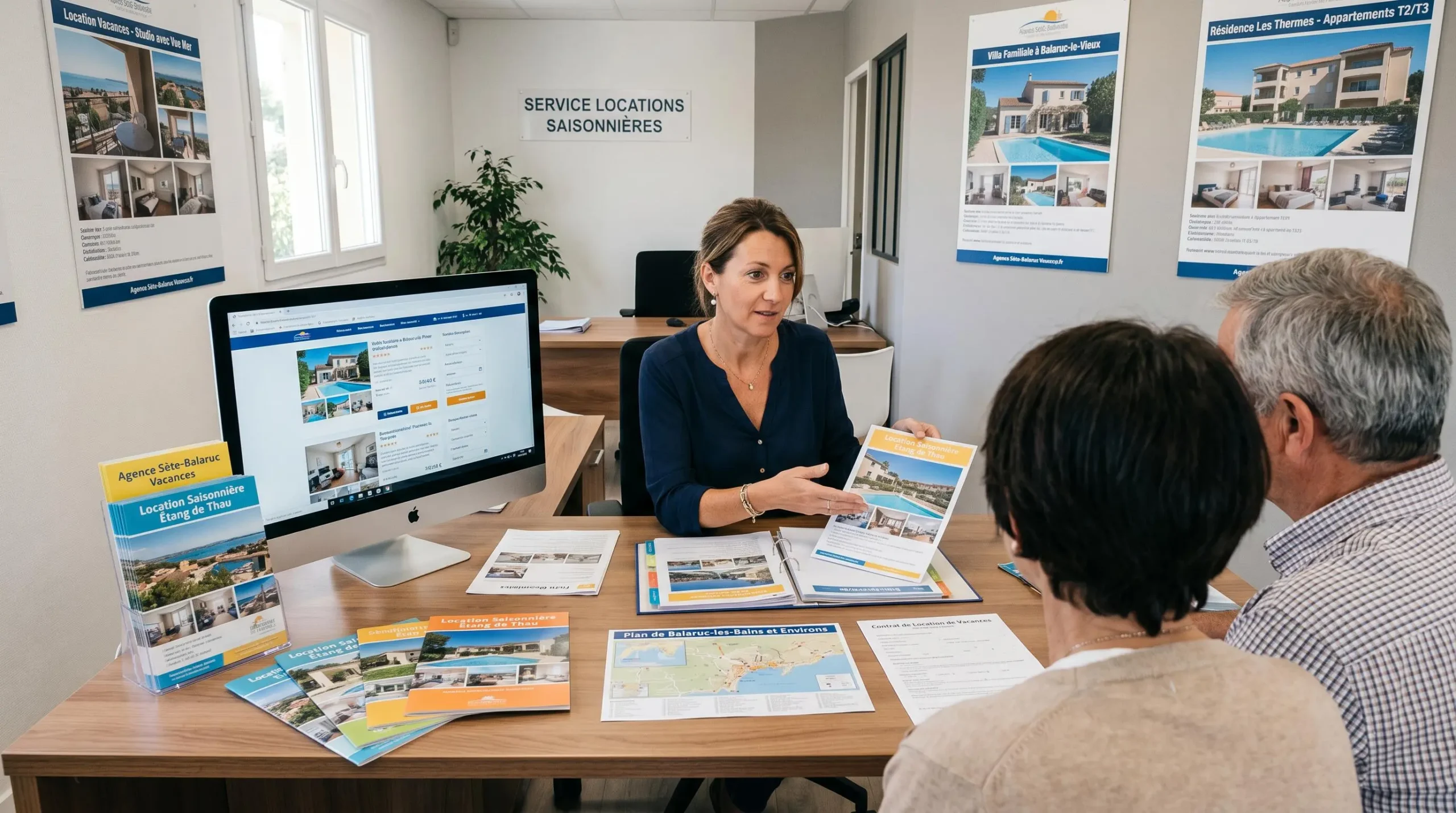 Conseillère immobilière dans une agence à Balaruc-les-Bains présentant des documents de location saisonnière à un couple de clients, bureau contemporain avec écran et brochures