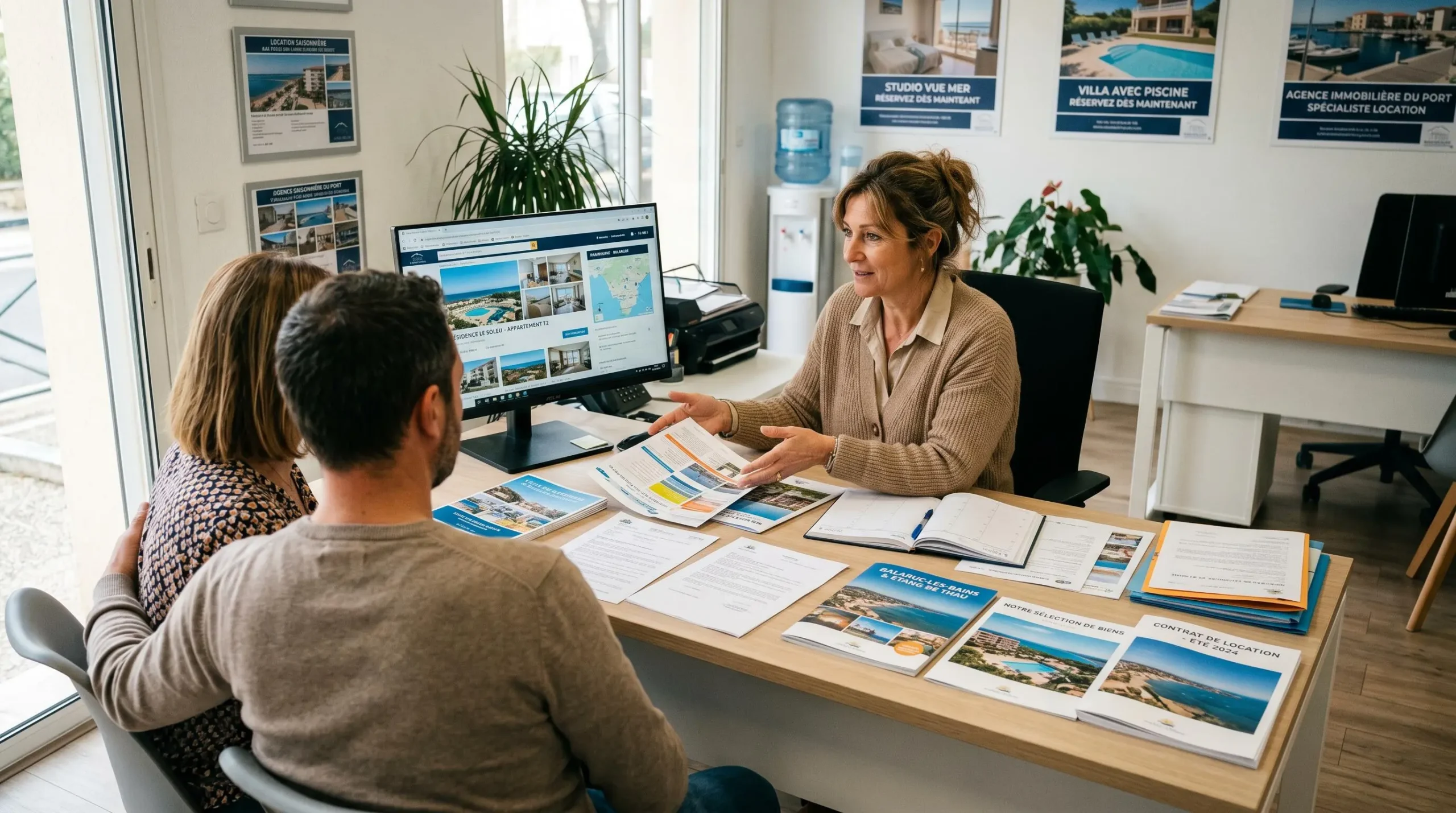 Conseillère immobilière dans une agence à Balaruc-les-Bains présentant des documents de location saisonnière à un couple de clients, bureau contemporain avec écran et brochures