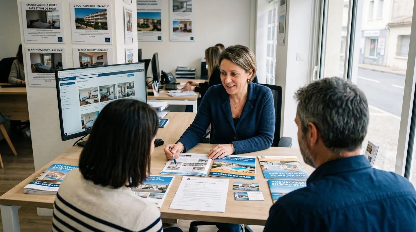 Conseillère immobilière dans une agence à Balaruc-les-Bains présentant des documents de location saisonnière à un couple de clients, bureau contemporain avec écran et brochures