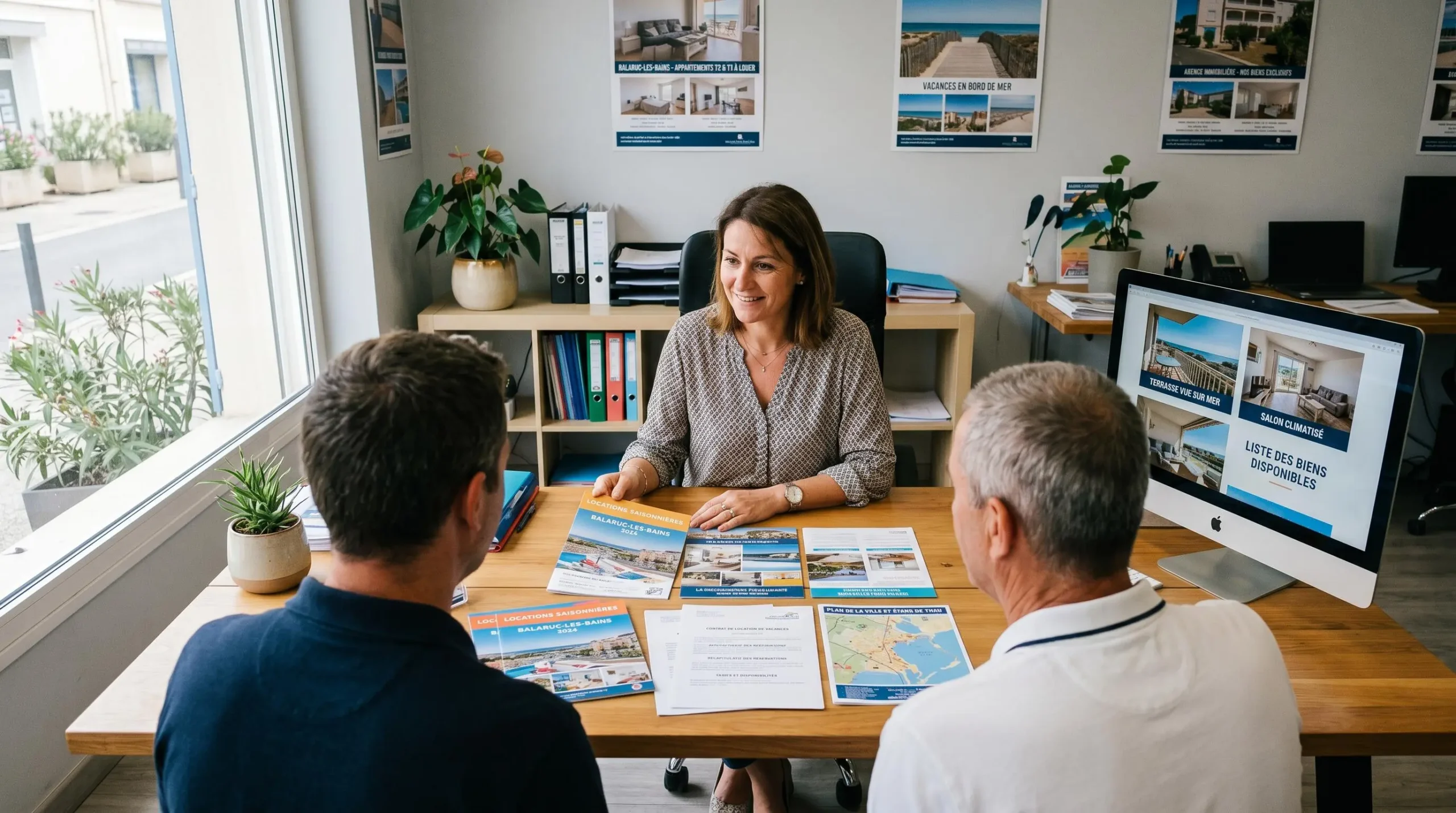 Conseillère immobilière dans une agence à Balaruc-les-Bains présentant des documents de location saisonnière à un couple de clients, bureau contemporain avec écran et brochures