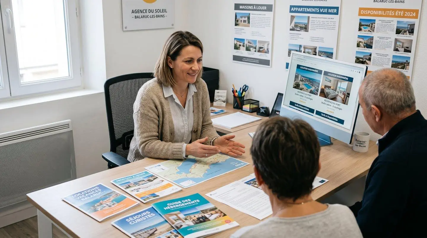 Conseillère immobilière dans une agence à Balaruc-les-Bains présentant des documents de location saisonnière à un couple de clients, bureau contemporain avec écran et brochures