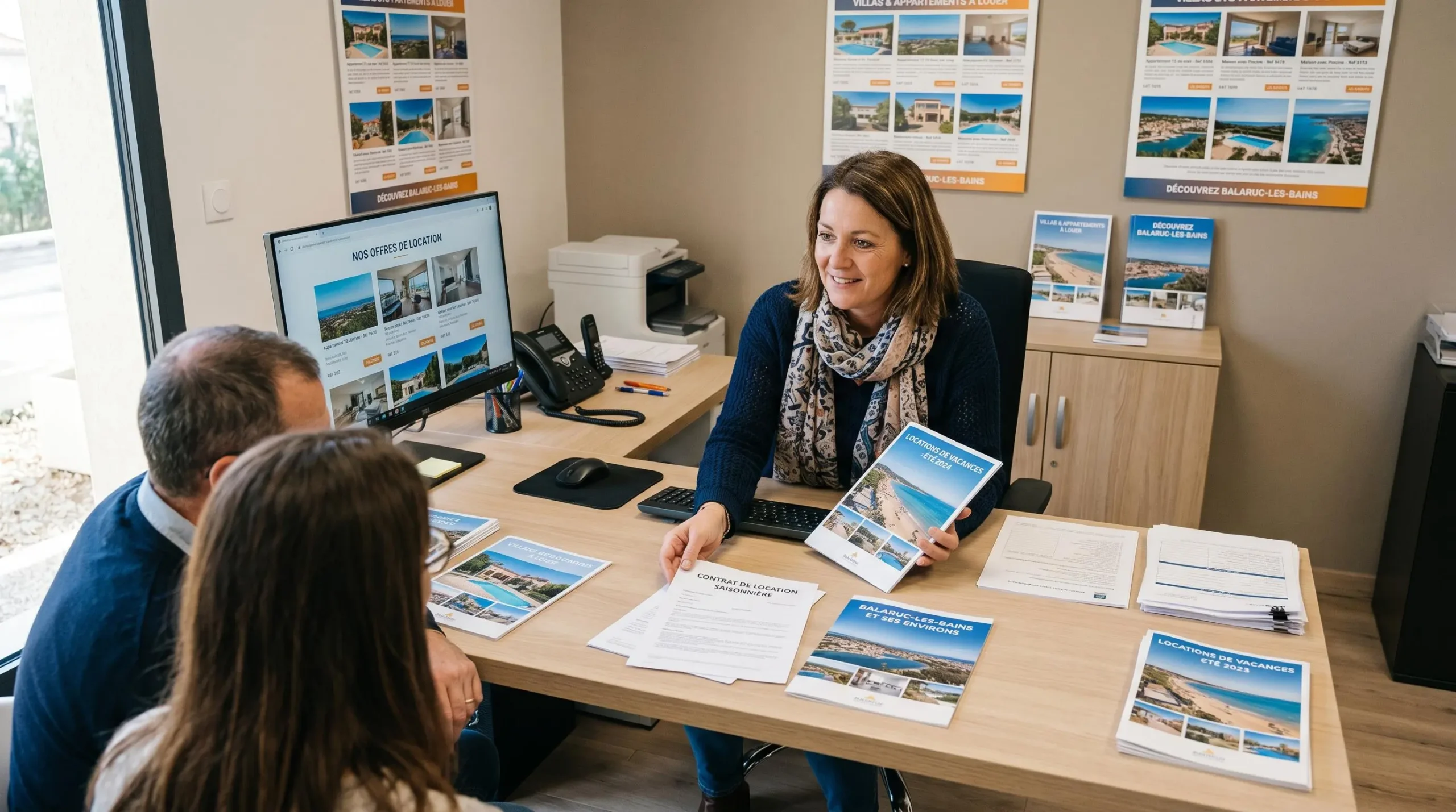 Conseillère immobilière dans une agence à Balaruc-les-Bains présentant des documents de location saisonnière à un couple de clients, bureau contemporain avec écran et brochures