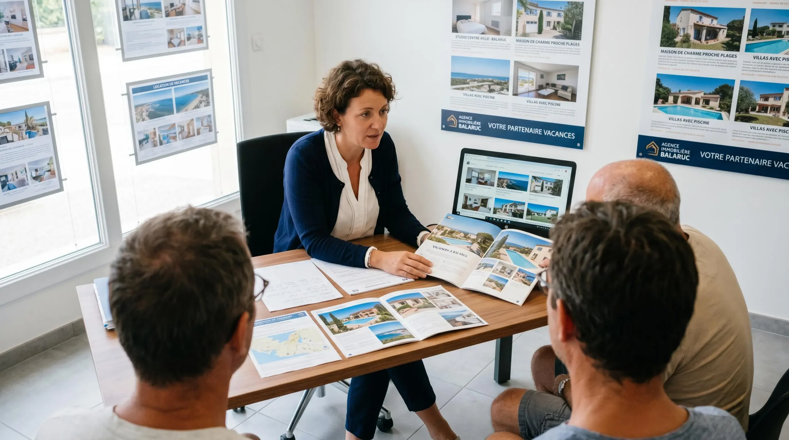 Conseillère immobilière dans une agence à Balaruc-les-Bains présentant des documents de location saisonnière à un couple de clients, bureau contemporain avec écran et brochures