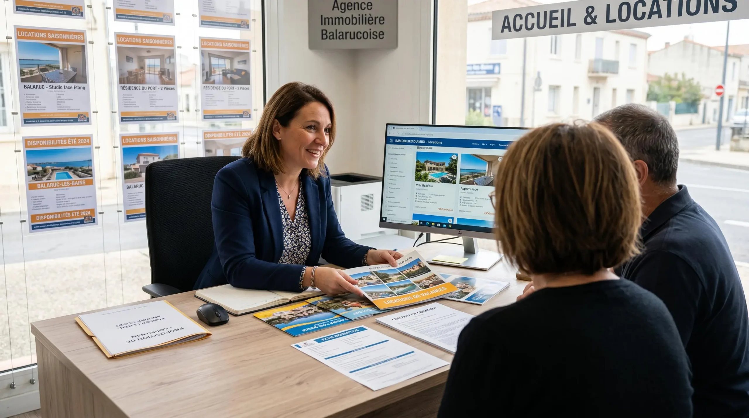 Conseillère immobilière dans une agence à Balaruc-les-Bains présentant des documents de location saisonnière à un couple de clients, bureau contemporain avec écran et brochures