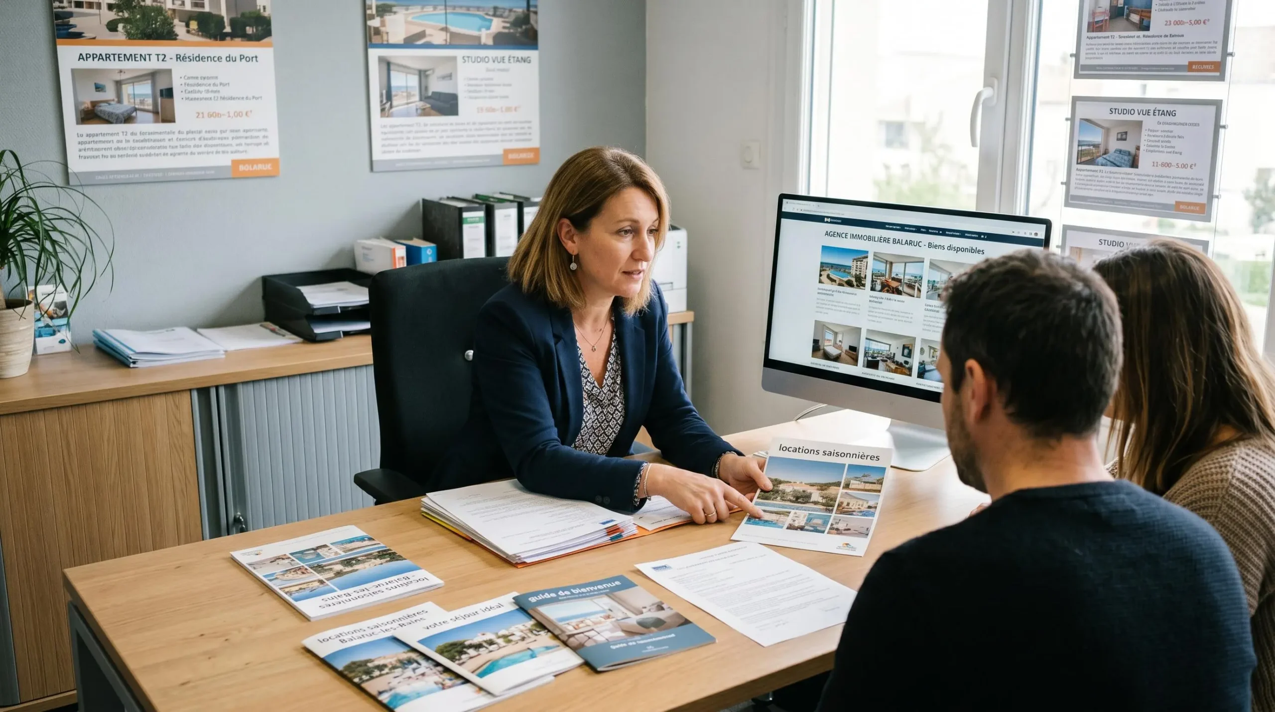 Conseillère immobilière dans une agence à Balaruc-les-Bains présentant des documents de location saisonnière à un couple de clients, bureau contemporain avec écran et brochures