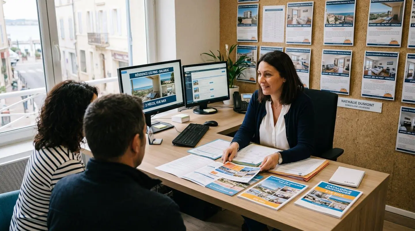 Conseillère immobilière dans une agence à Balaruc-les-Bains présentant des documents de location saisonnière à un couple de clients, bureau contemporain avec écran et brochures