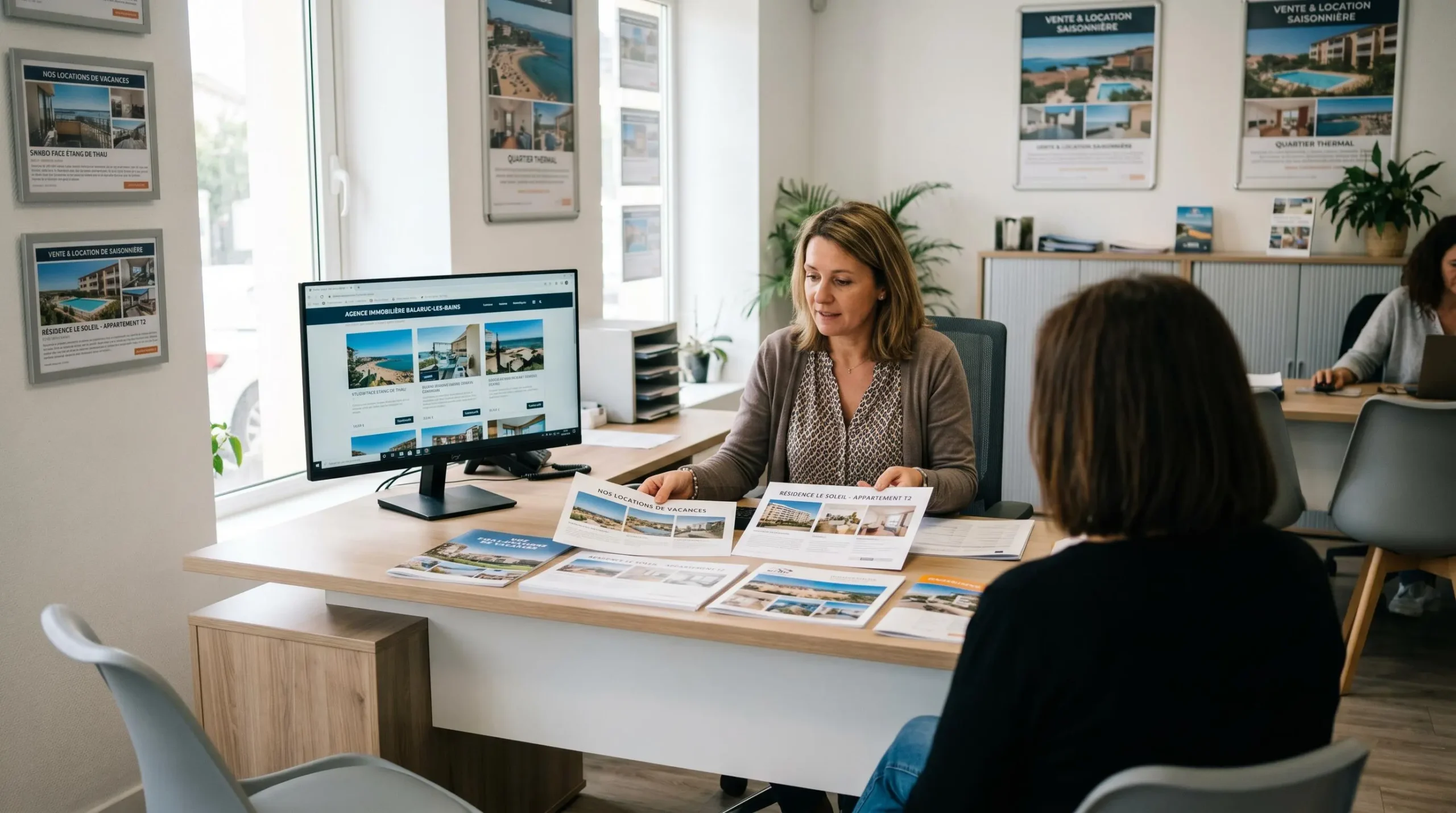 Conseillère immobilière dans une agence à Balaruc-les-Bains présentant des documents de location saisonnière à un couple de clients, bureau contemporain avec écran et brochures