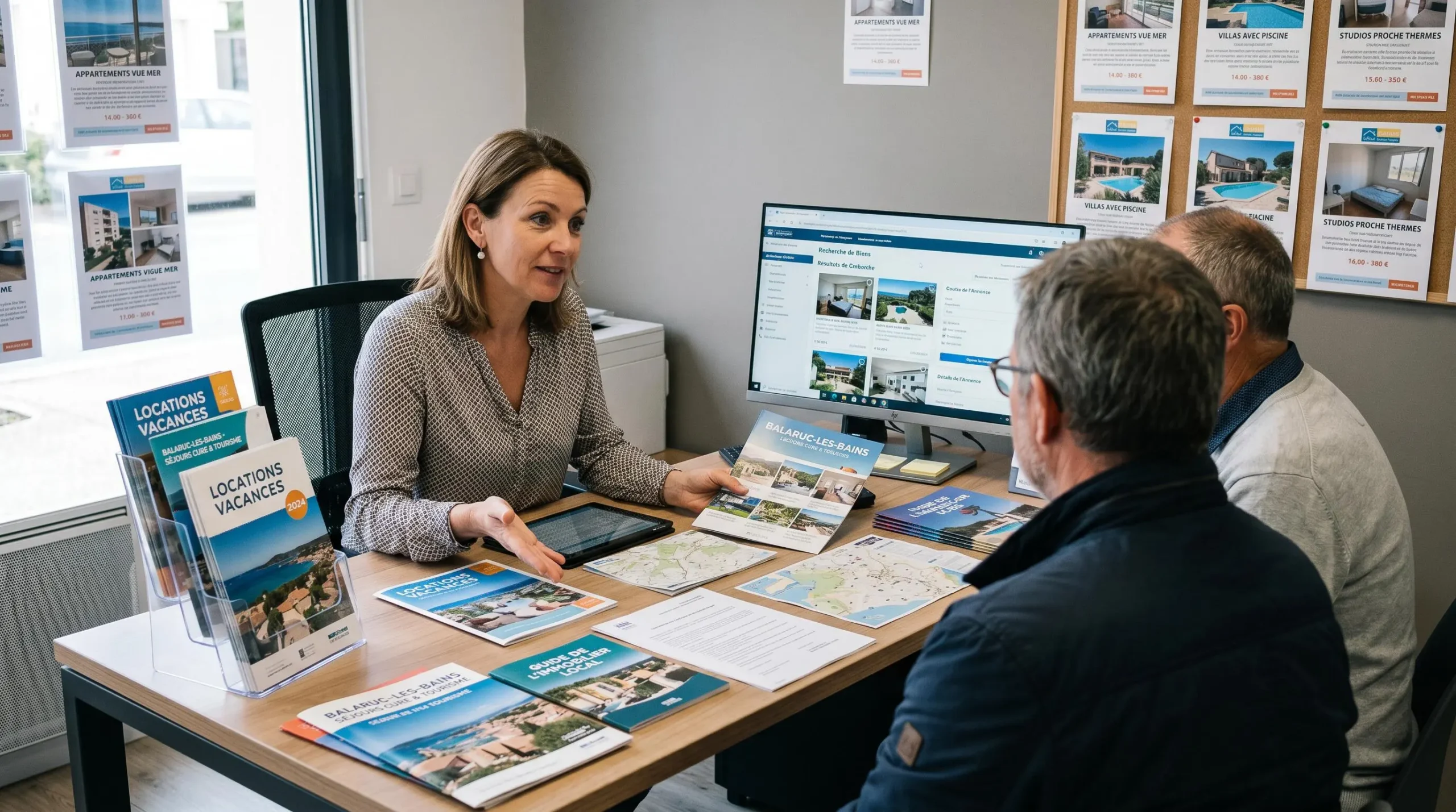 Conseillère immobilière dans une agence à Balaruc-les-Bains présentant des documents de location saisonnière à un couple de clients, bureau contemporain avec écran et brochures