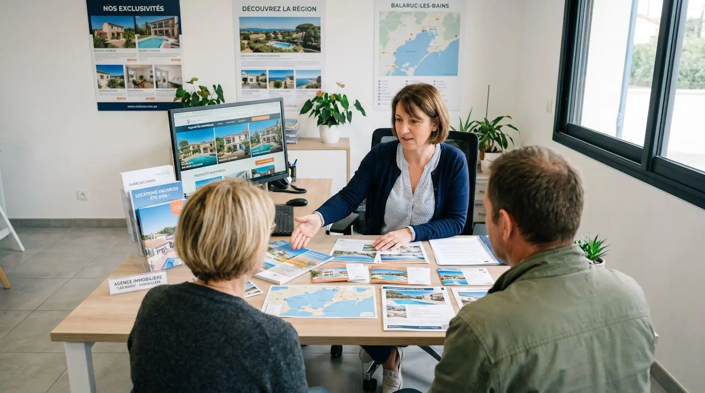 Conseillère immobilière dans une agence à Balaruc-les-Bains présentant des documents de location saisonnière à un couple de clients, bureau contemporain avec écran et brochures