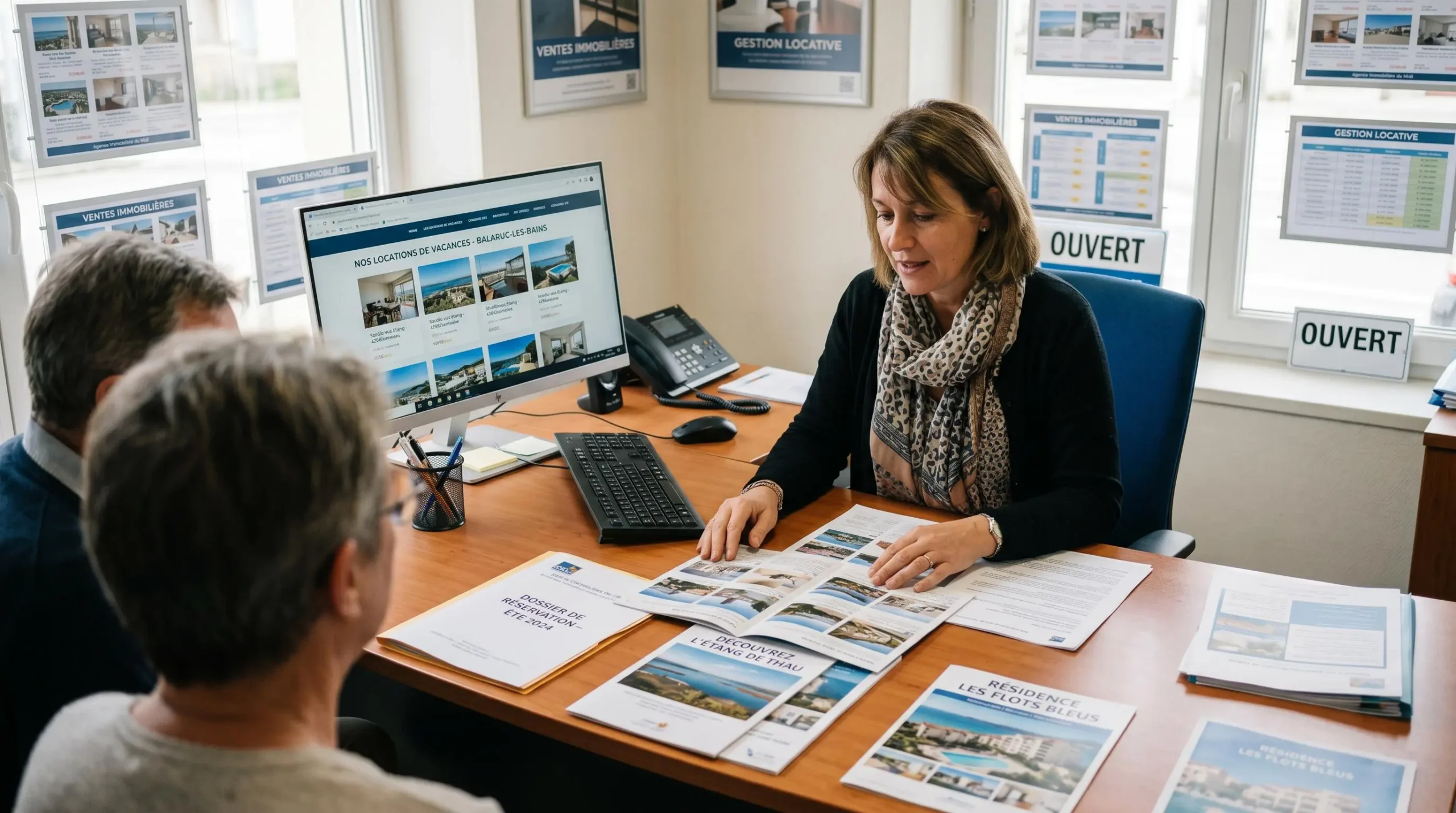 Conseillère immobilière dans une agence à Balaruc-les-Bains présentant des documents de location saisonnière à un couple de clients, bureau contemporain avec écran et brochures
