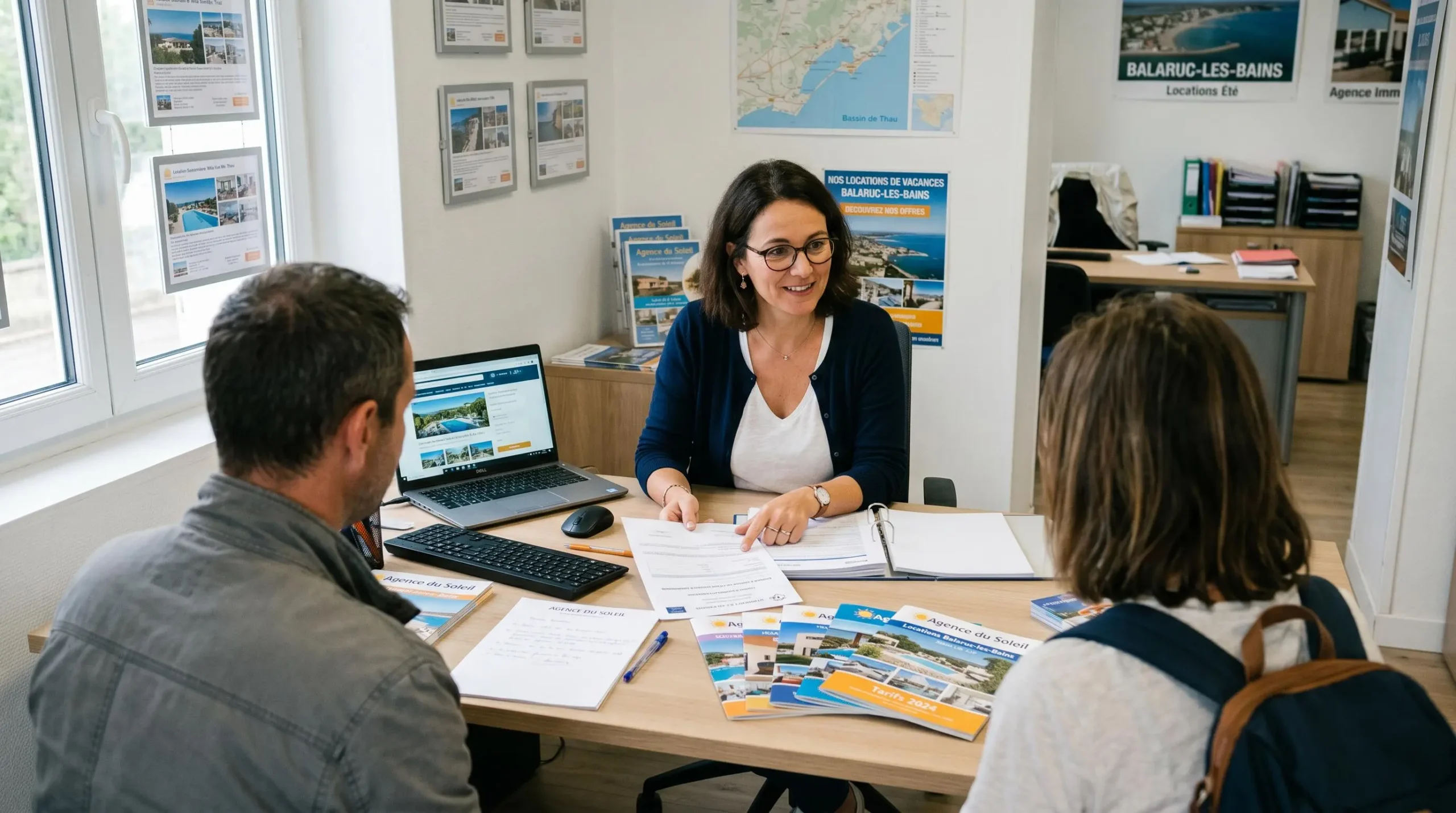 Conseillère immobilière dans une agence à Balaruc-les-Bains présentant des documents de location saisonnière à un couple de clients, bureau contemporain avec écran et brochures