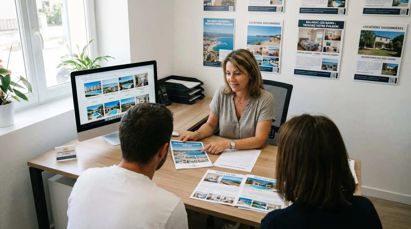 Conseillère immobilière dans une agence à Balaruc-les-Bains présentant des documents de location saisonnière à un couple de clients, bureau contemporain avec écran et brochures
