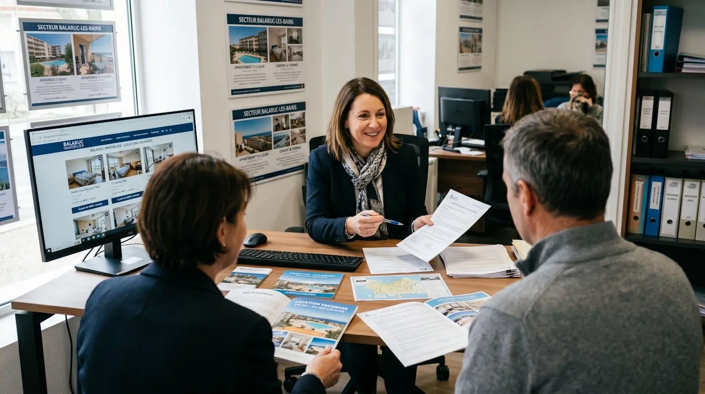 Conseillère immobilière dans une agence à Balaruc-les-Bains présentant des documents de location saisonnière à un couple de clients, bureau contemporain avec écran et brochures