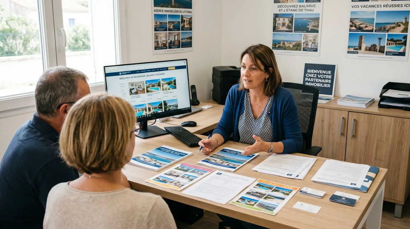 Conseillère immobilière dans une agence à Balaruc-les-Bains présentant des documents de location saisonnière à un couple de clients, bureau contemporain avec écran et brochures