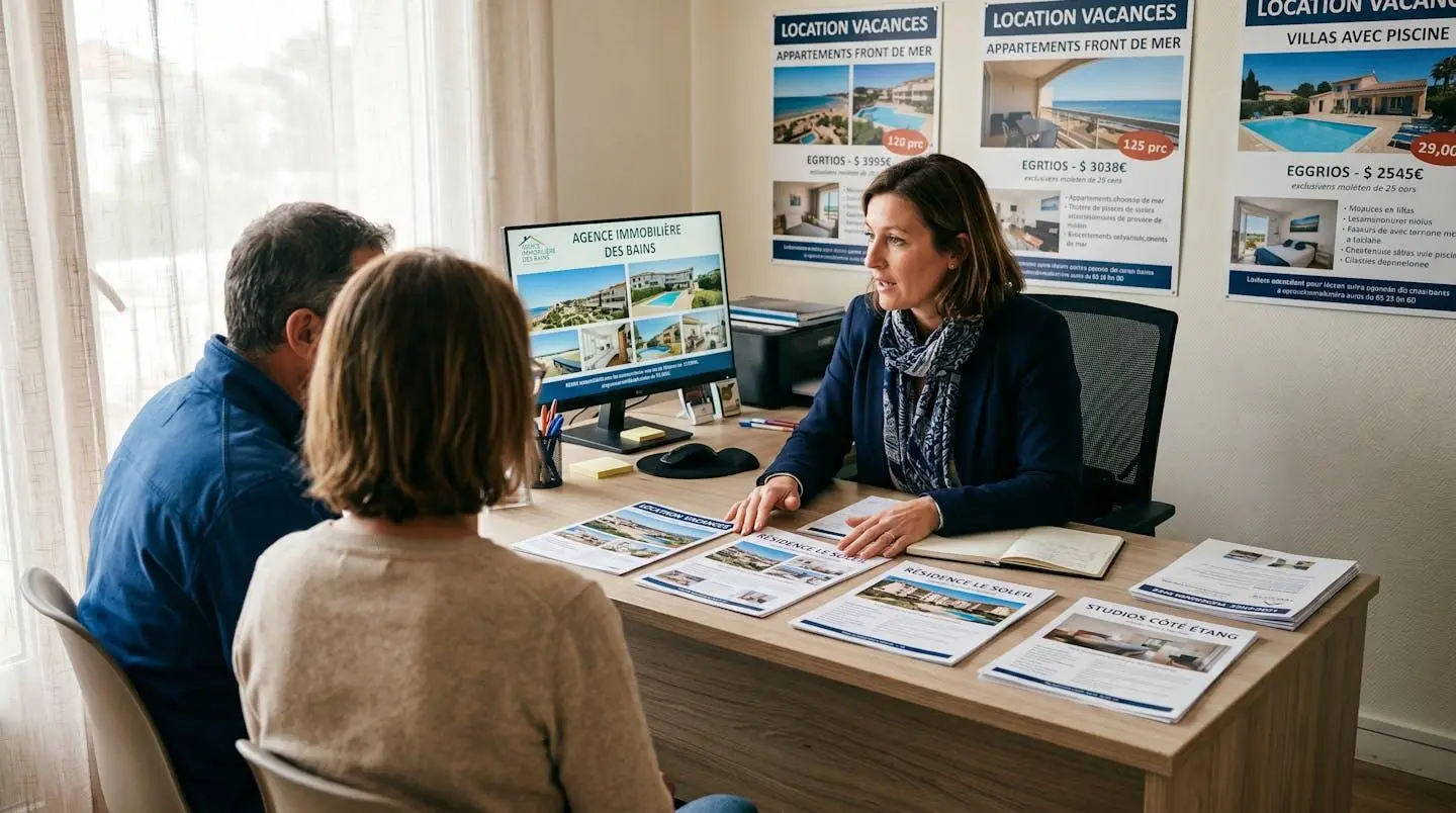 Conseillère immobilière dans une agence à Balaruc-les-Bains présentant des documents de location saisonnière à un couple de clients, bureau contemporain avec écran et brochures