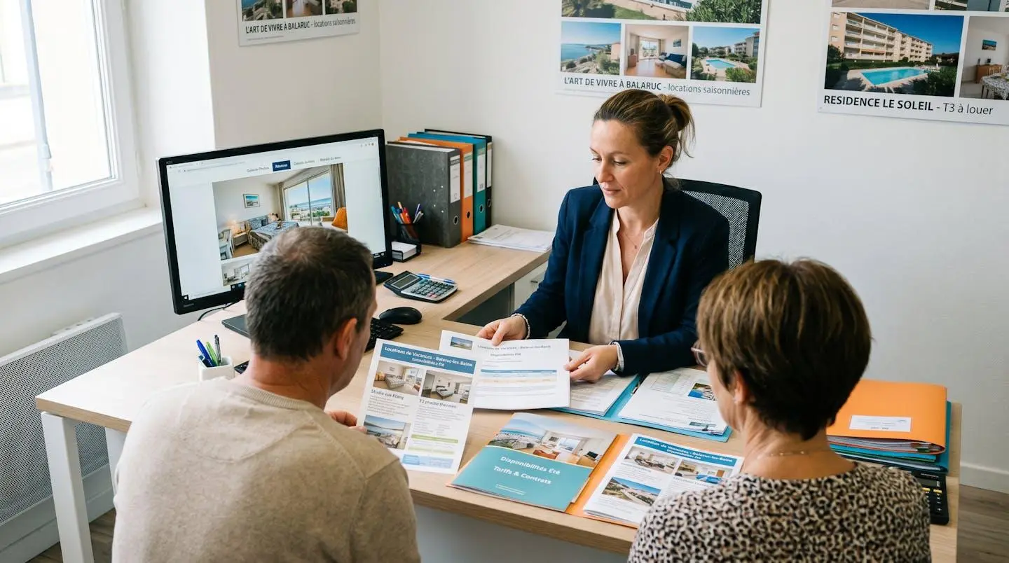 Conseillère immobilière dans une agence à Balaruc-les-Bains présentant des documents de location saisonnière à un couple de clients, bureau contemporain avec écran et brochures