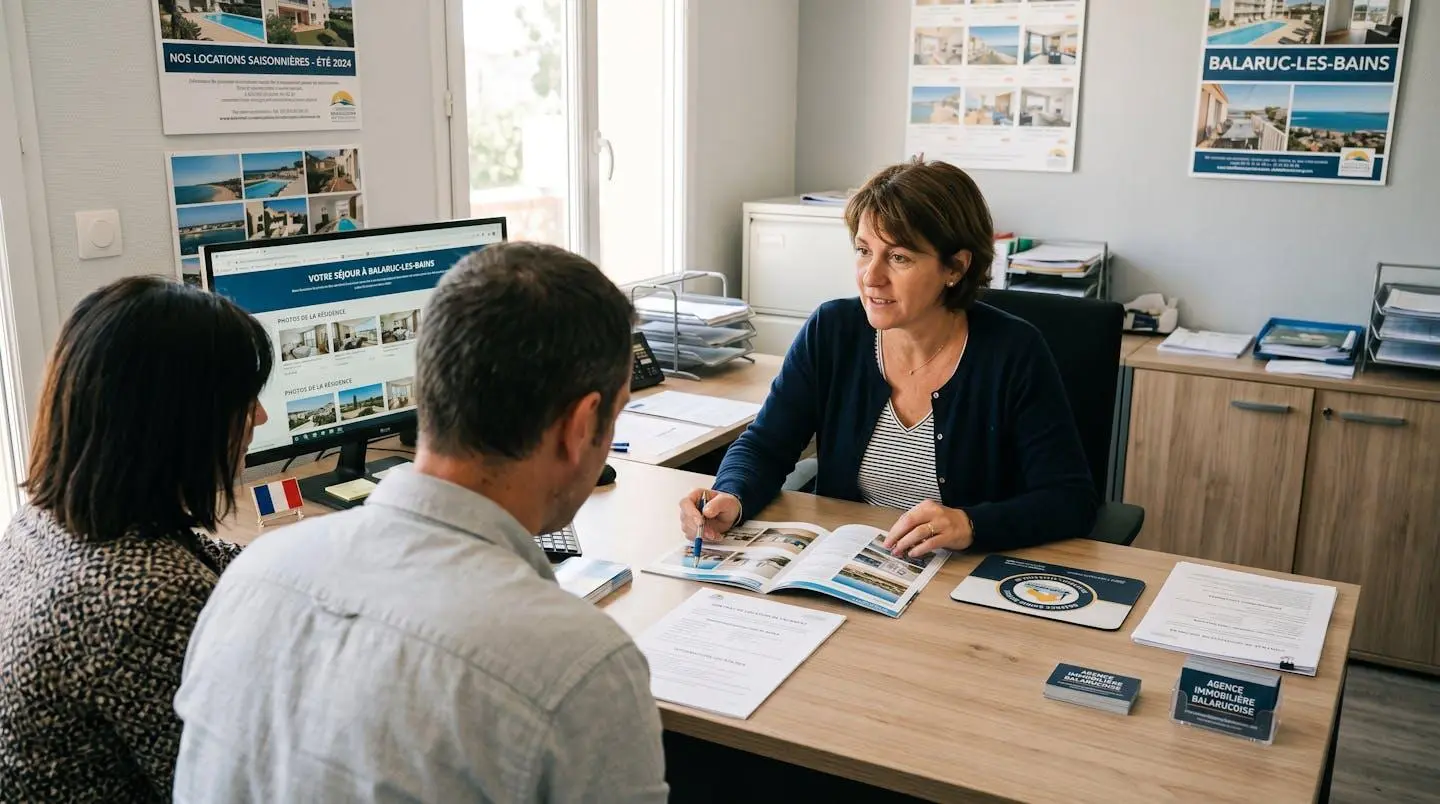 Conseillère immobilière dans une agence à Balaruc-les-Bains présentant des documents de location saisonnière à un couple de clients, bureau contemporain avec écran et brochures
