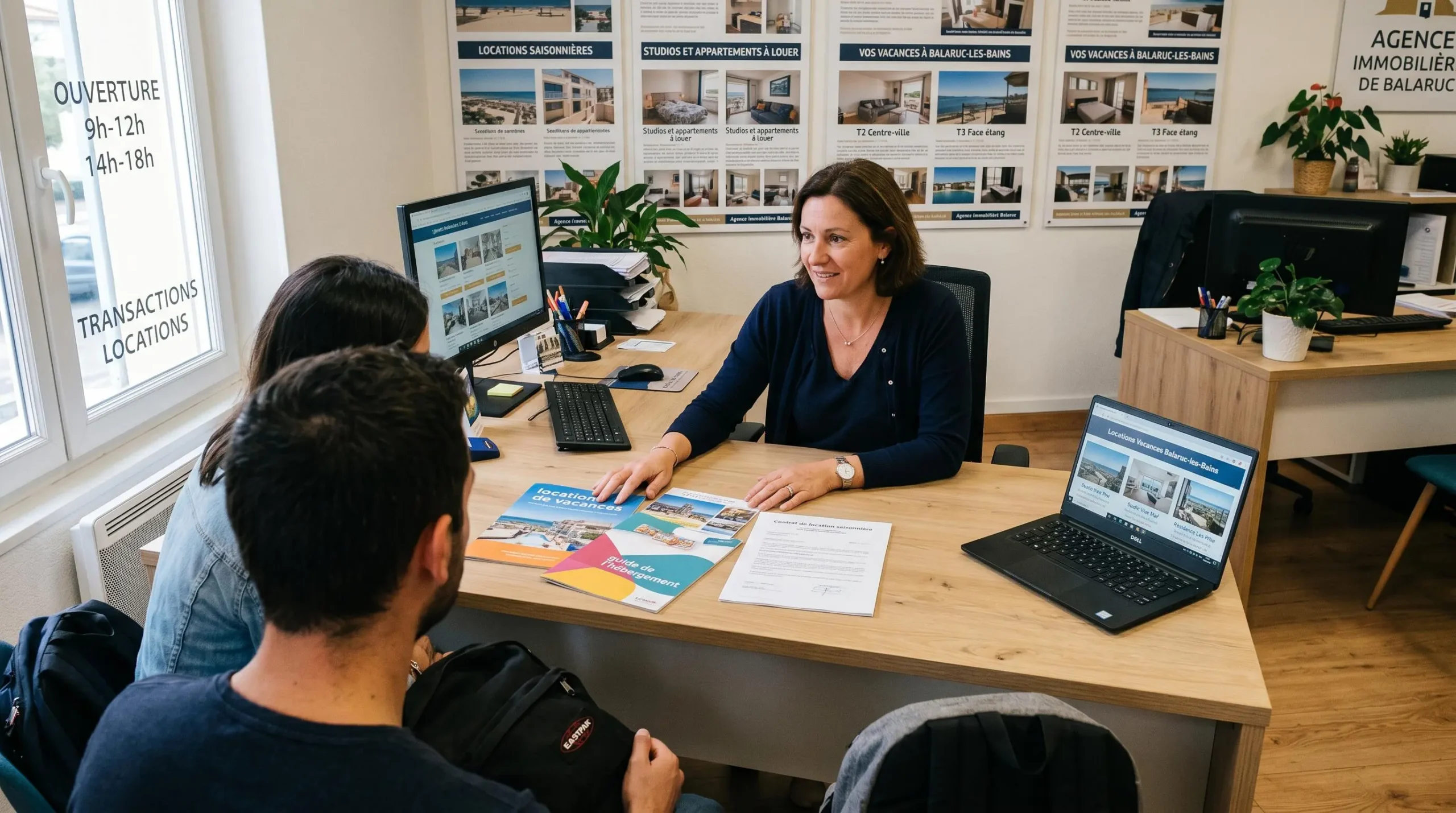 Conseillère immobilière dans une agence à Balaruc-les-Bains présentant des documents de location saisonnière à un couple de clients, bureau contemporain avec écran et brochures