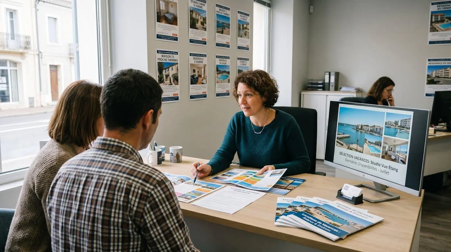 Conseillère immobilière dans une agence à Balaruc-les-Bains présentant des documents de location saisonnière à un couple de clients, bureau contemporain avec écran et brochures