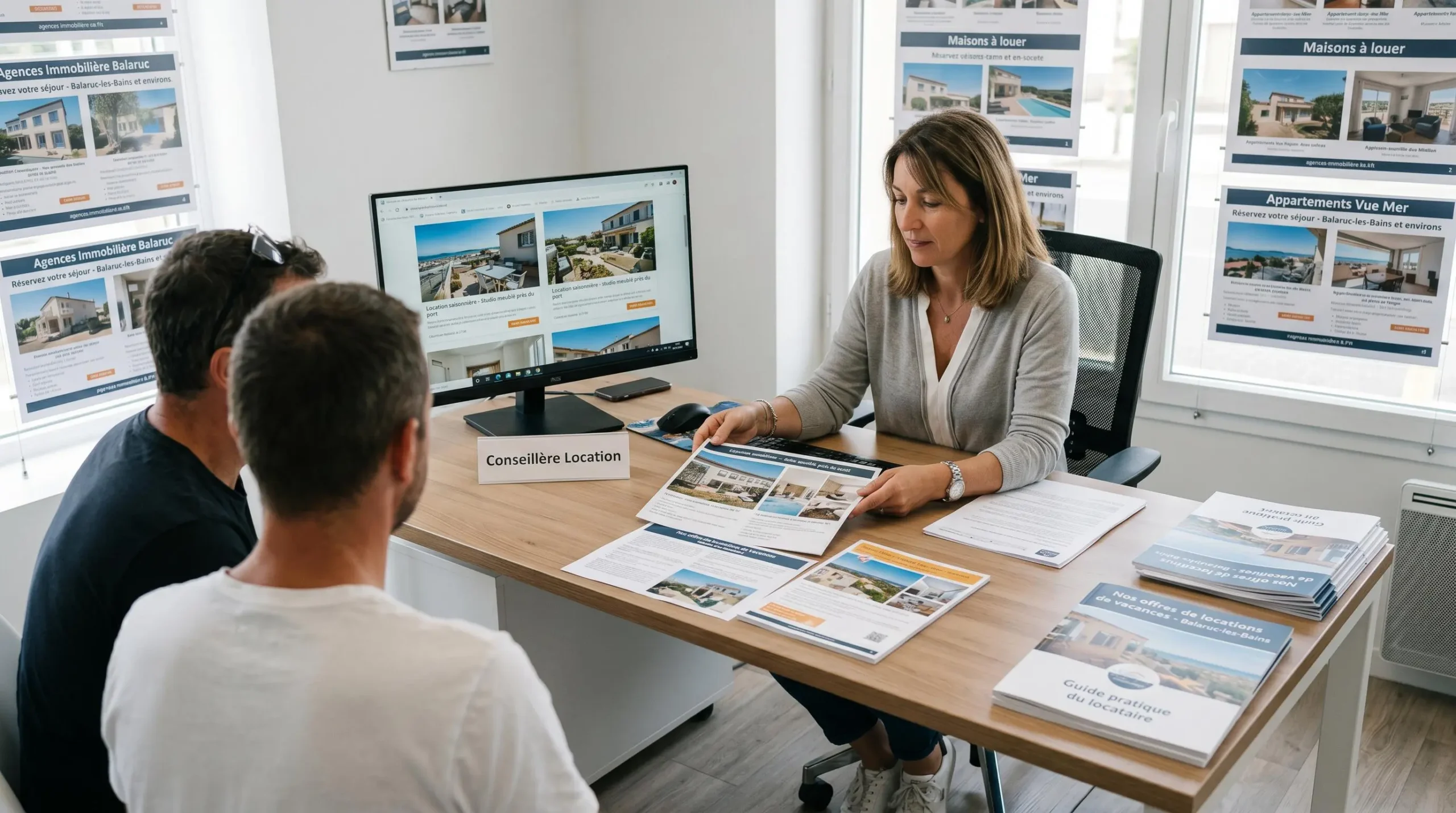 Conseillère immobilière dans une agence à Balaruc-les-Bains présentant des documents de location saisonnière à un couple de clients, bureau contemporain avec écran et brochures