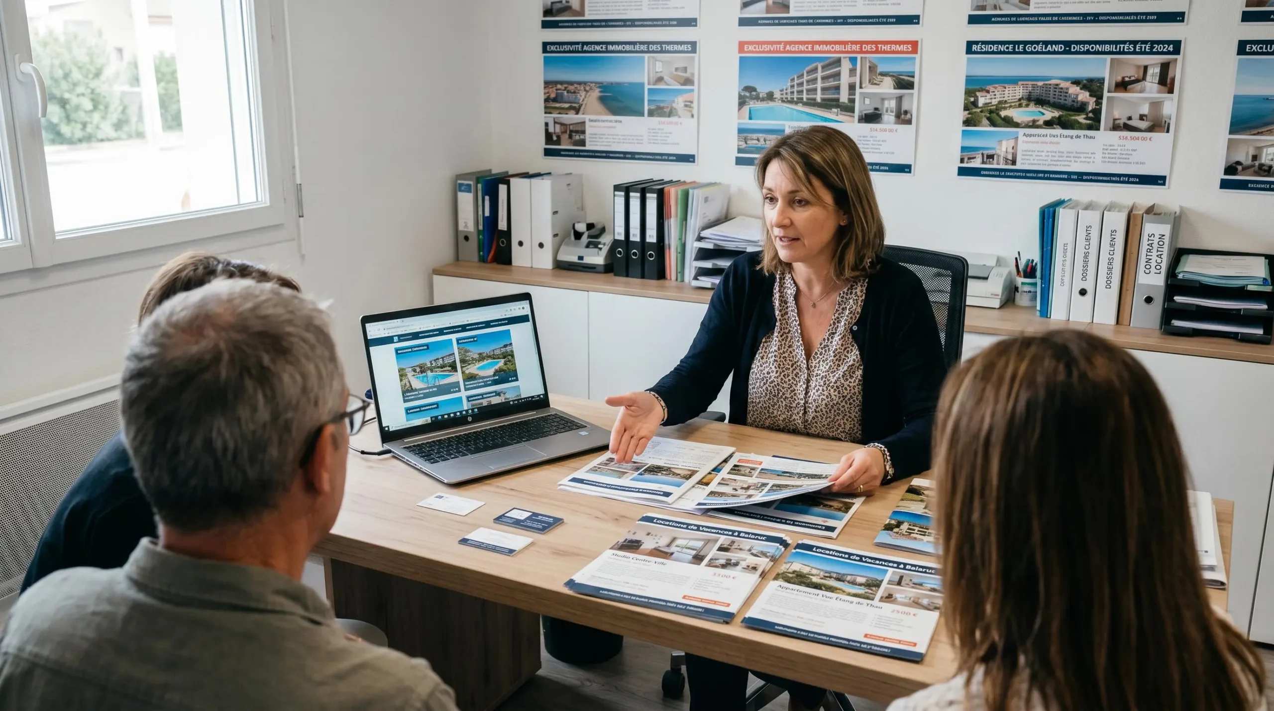 Conseillère immobilière dans une agence à Balaruc-les-Bains présentant des documents de location saisonnière à un couple de clients, bureau contemporain avec écran et brochures