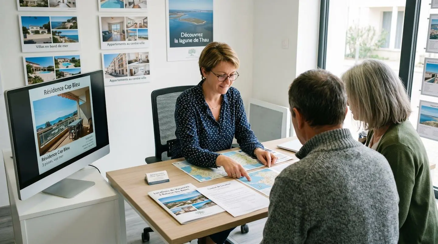 Conseillère immobilière dans une agence à Balaruc-les-Bains présentant des documents de location saisonnière à un couple de clients, bureau contemporain avec écran et brochures