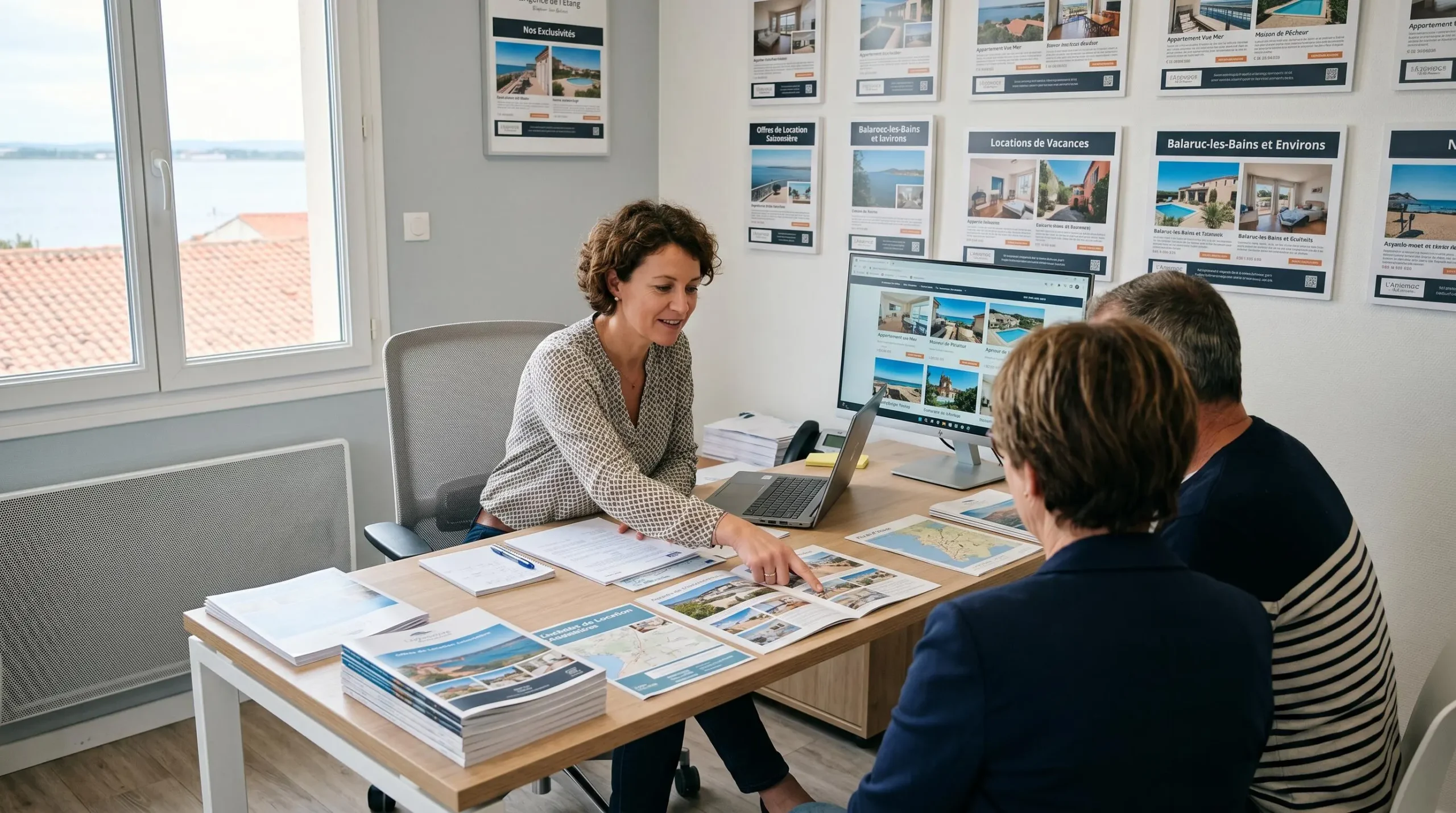 Conseillère immobilière dans une agence à Balaruc-les-Bains présentant des documents de location saisonnière à un couple de clients, bureau contemporain avec écran et brochures