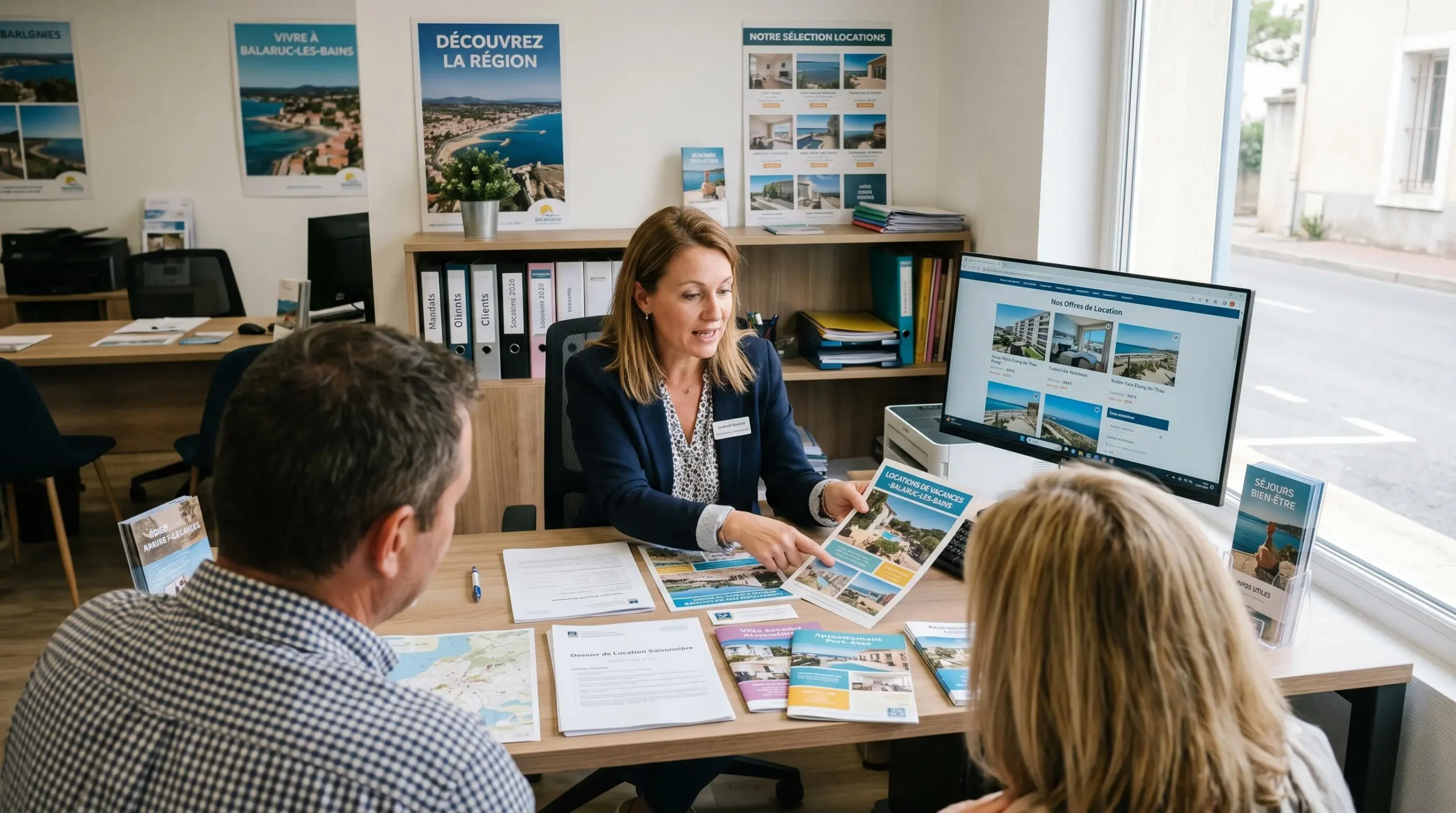 Conseillère immobilière dans une agence à Balaruc-les-Bains présentant des documents de location saisonnière à un couple de clients, bureau contemporain avec écran et brochures
