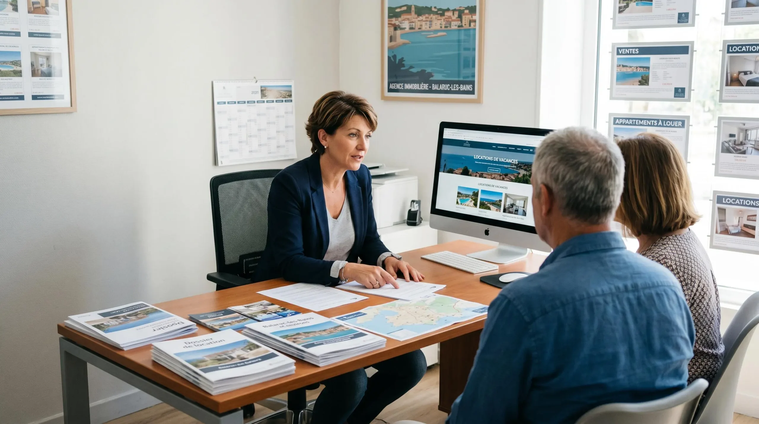Conseillère immobilière dans une agence à Balaruc-les-Bains présentant des documents de location saisonnière à un couple de clients, bureau contemporain avec écran et brochures