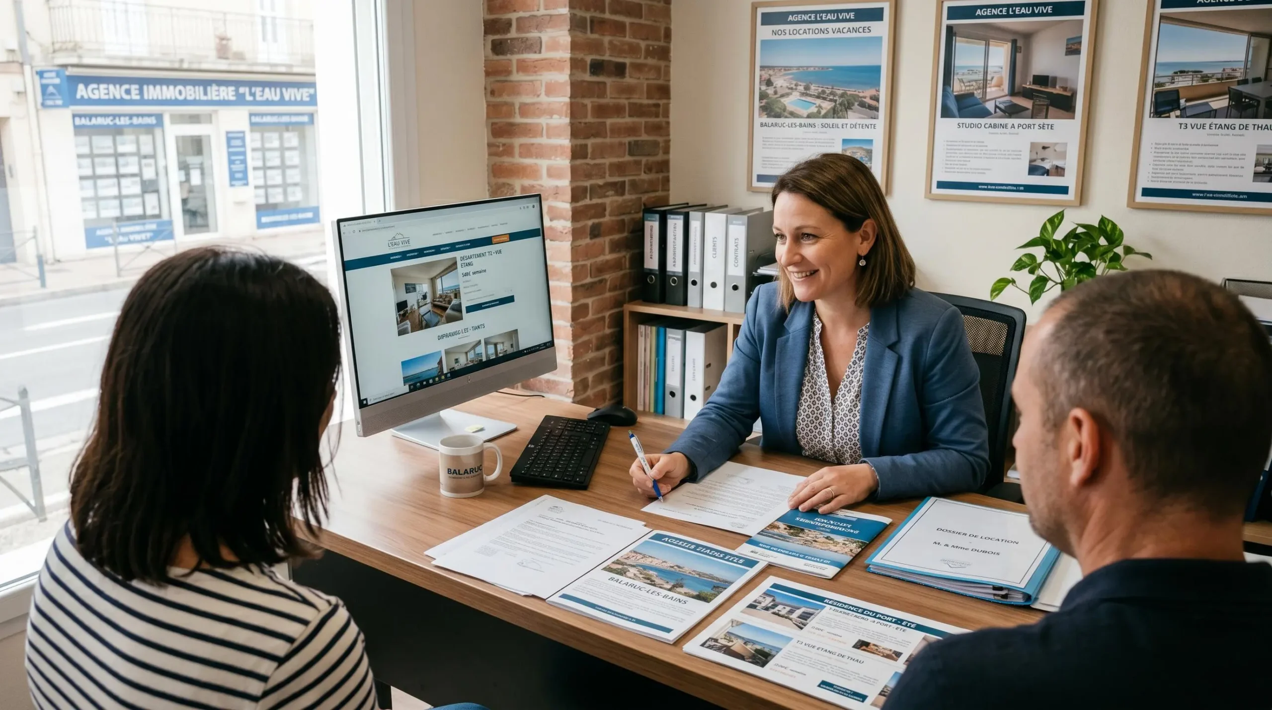Conseillère immobilière dans une agence à Balaruc-les-Bains présentant des documents de location saisonnière à un couple de clients, bureau contemporain avec écran et brochures