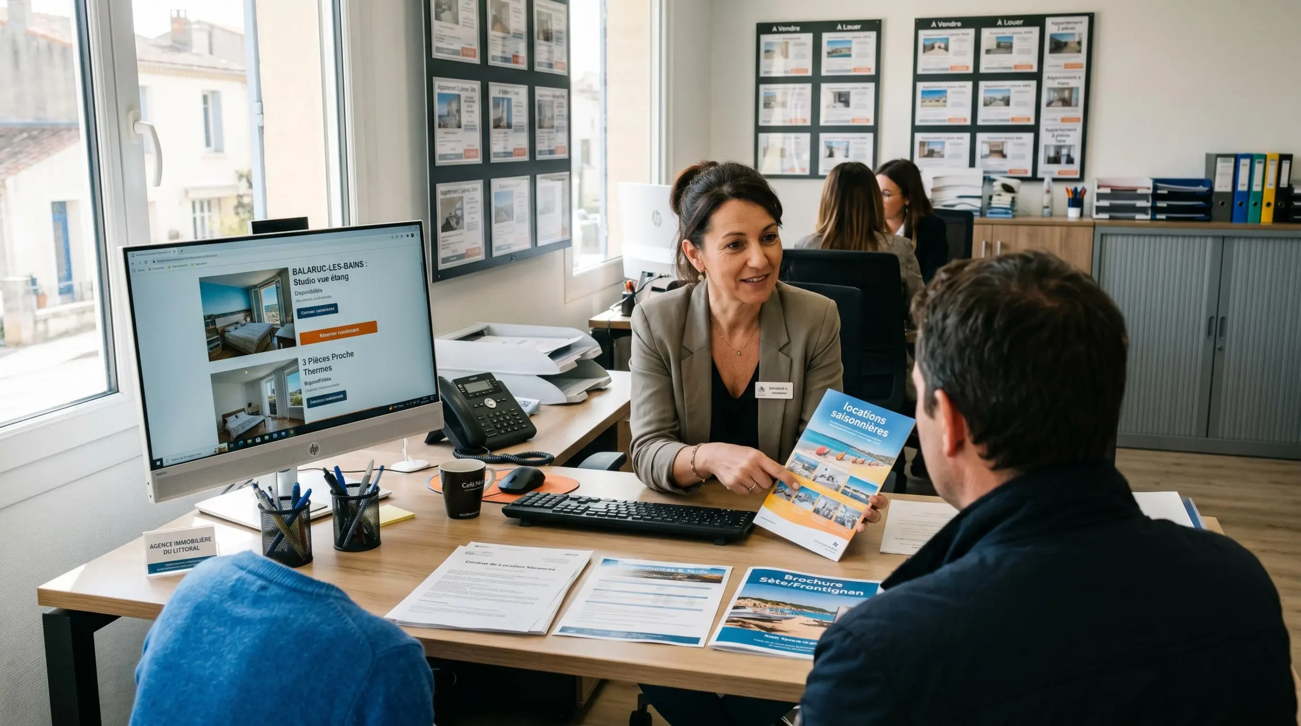 Conseillère immobilière dans une agence à Balaruc-les-Bains présentant des documents de location saisonnière à un couple de clients, bureau contemporain avec écran et brochures