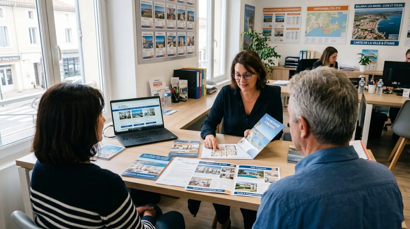 Conseillère immobilière dans une agence à Balaruc-les-Bains présentant des documents de location saisonnière à un couple de clients, bureau contemporain avec écran et brochures