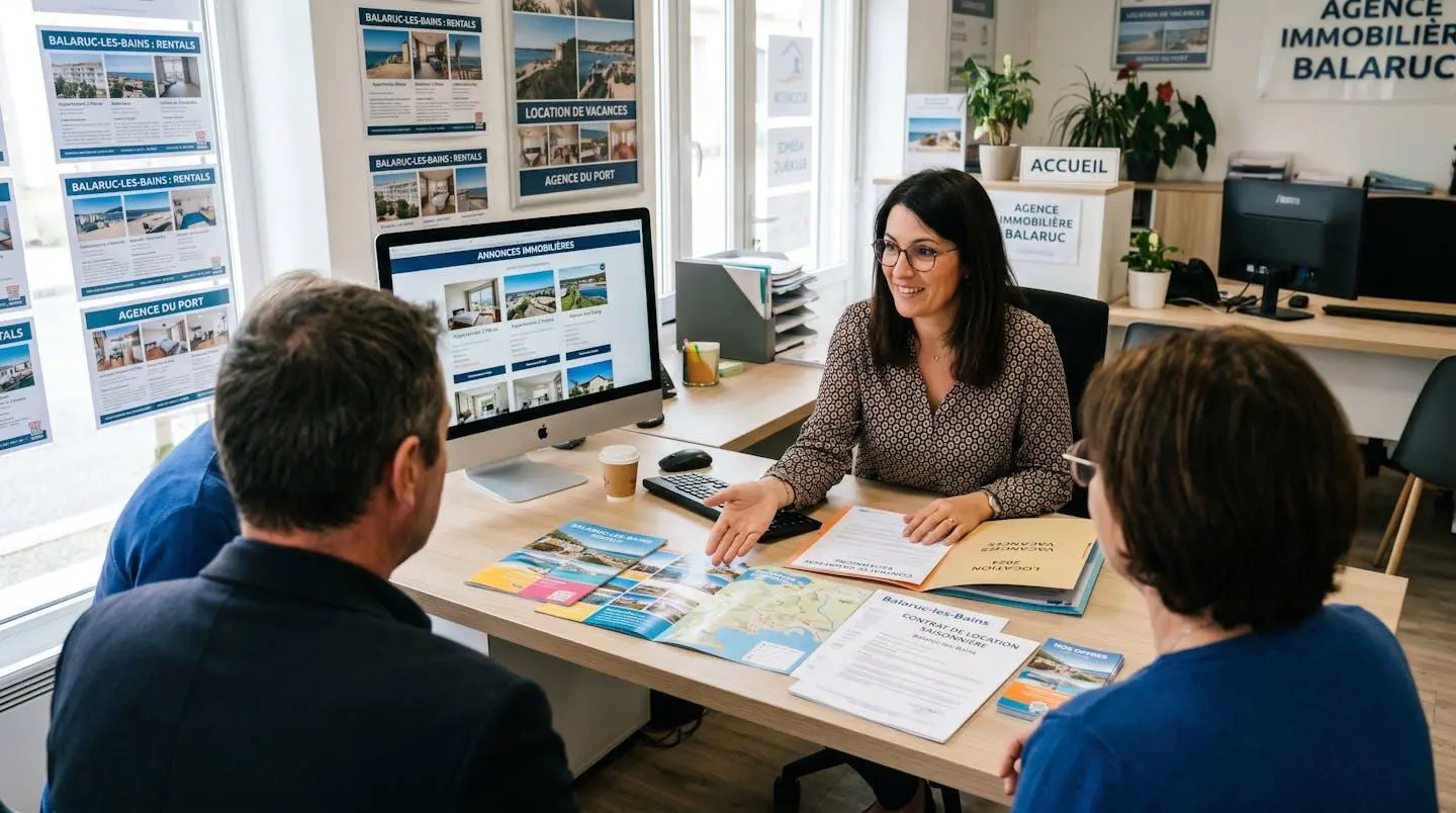 Conseillère immobilière dans une agence à Balaruc-les-Bains présentant des documents de location saisonnière à un couple de clients, bureau contemporain avec écran et brochures
