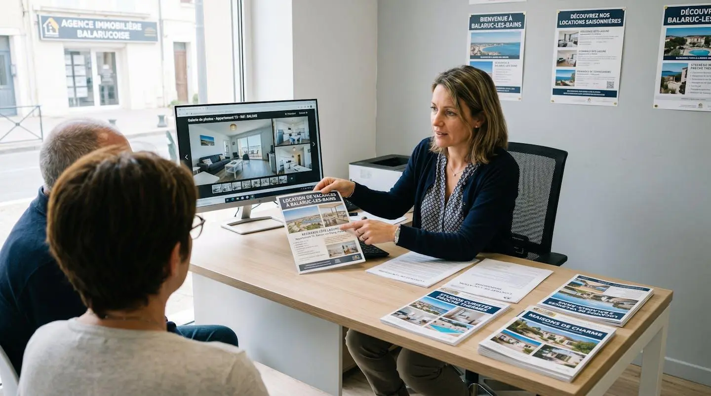 Conseillère immobilière dans une agence à Balaruc-les-Bains présentant des documents de location saisonnière à un couple de clients, bureau contemporain avec écran et brochures
