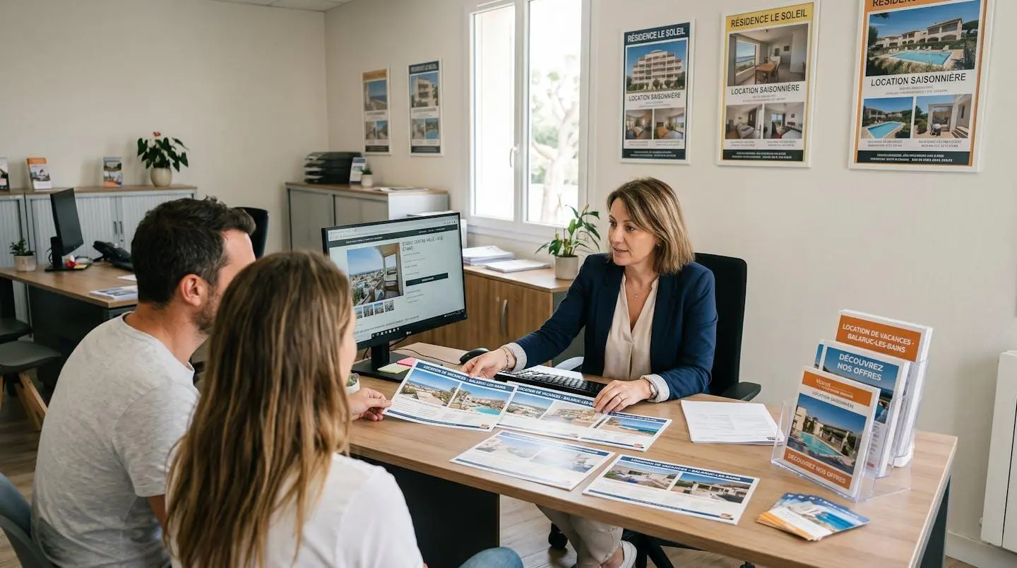 Conseillère immobilière dans une agence à Balaruc-les-Bains présentant des documents de location saisonnière à un couple de clients, bureau contemporain avec écran et brochures