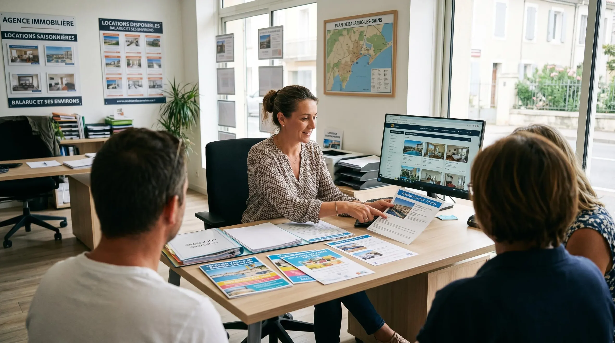 Conseillère immobilière dans une agence à Balaruc-les-Bains présentant des documents de location saisonnière à un couple de clients, bureau contemporain avec écran et brochures