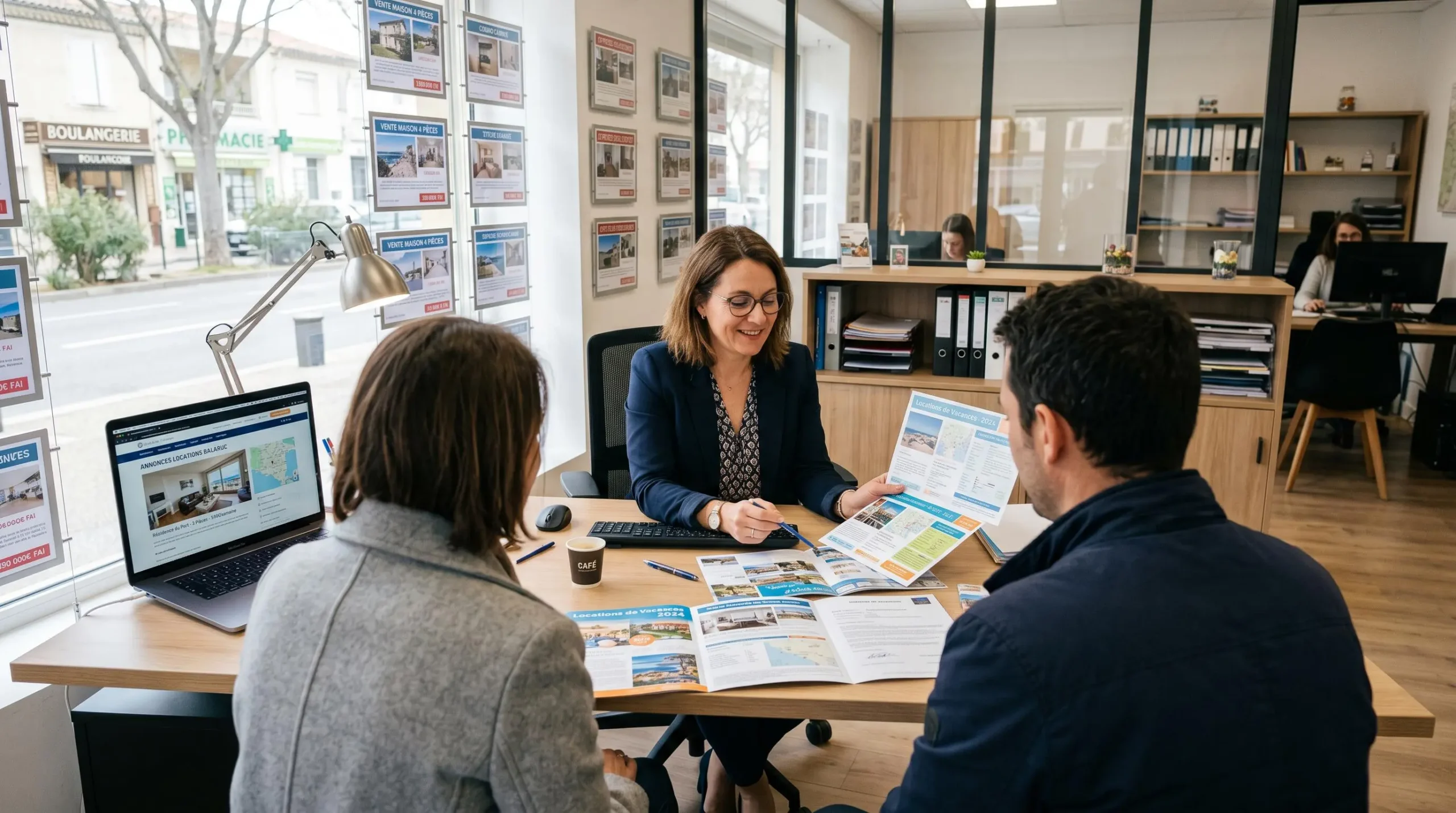 Conseillère immobilière dans une agence à Balaruc-les-Bains présentant des documents de location saisonnière à un couple de clients, bureau contemporain avec écran et brochures