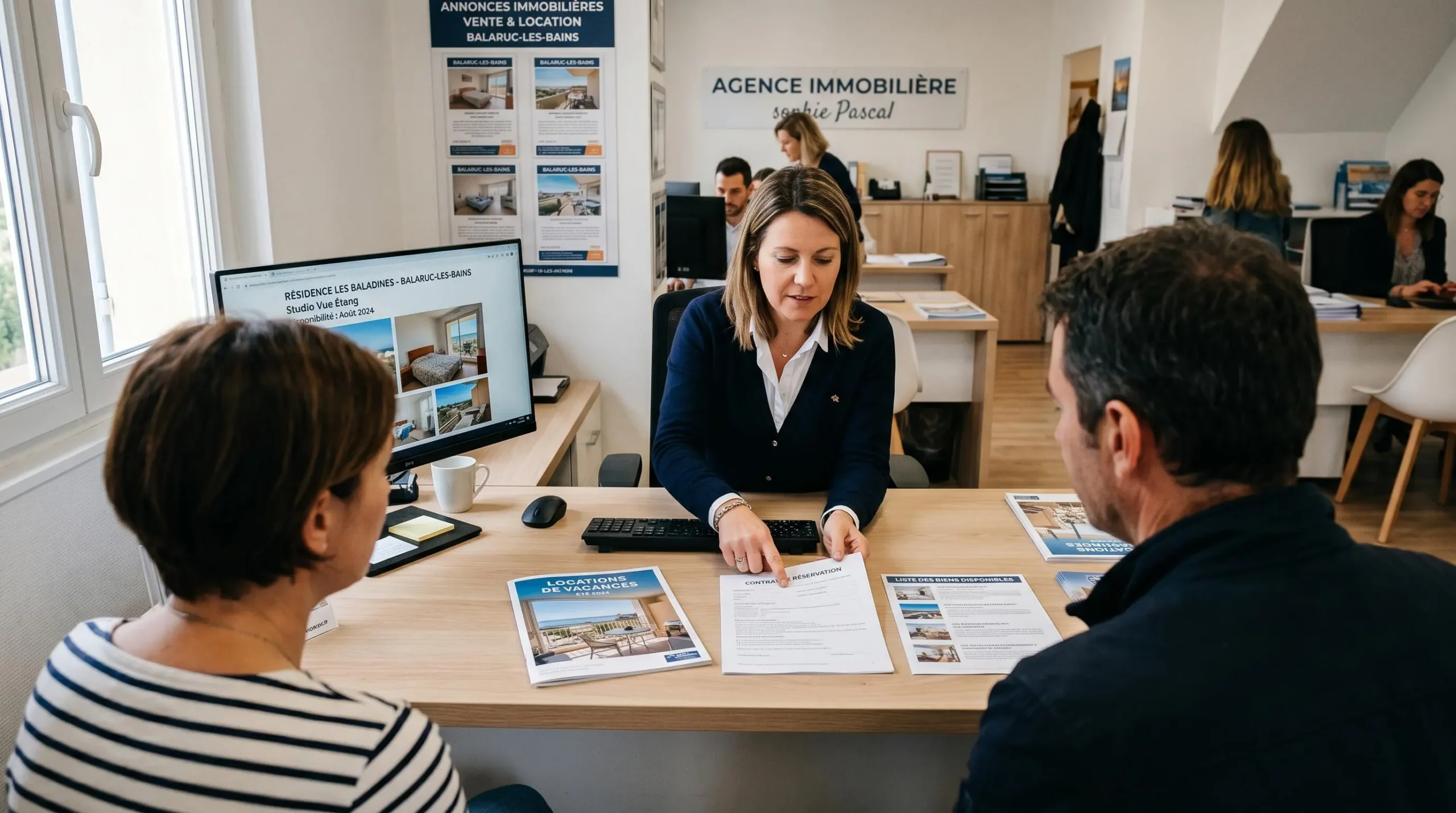 Conseillère immobilière dans une agence à Balaruc-les-Bains présentant des documents de location saisonnière à un couple de clients, bureau contemporain avec écran et brochures