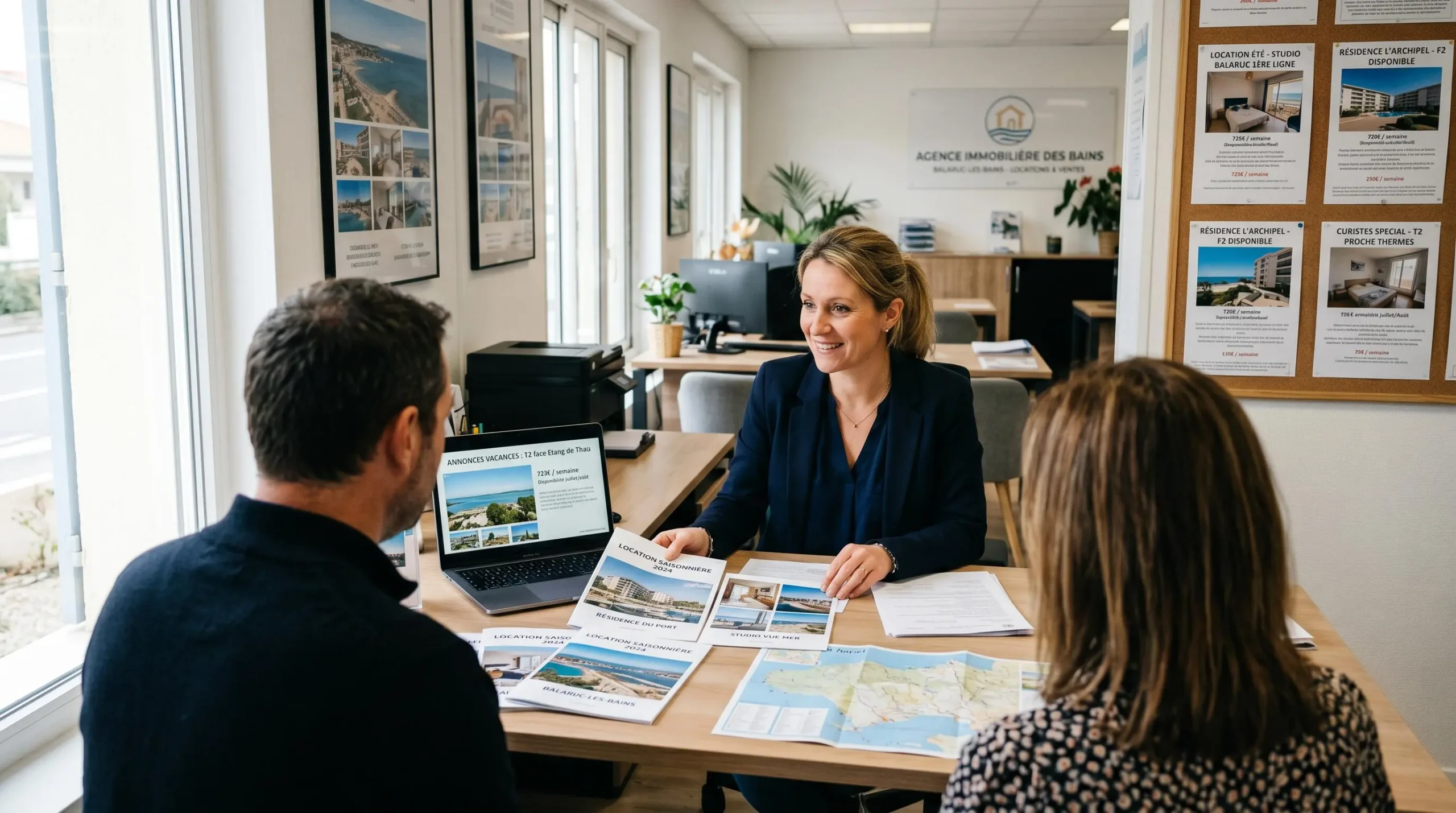 Conseillère immobilière dans une agence à Balaruc-les-Bains présentant des documents de location saisonnière à un couple de clients, bureau contemporain avec écran et brochures